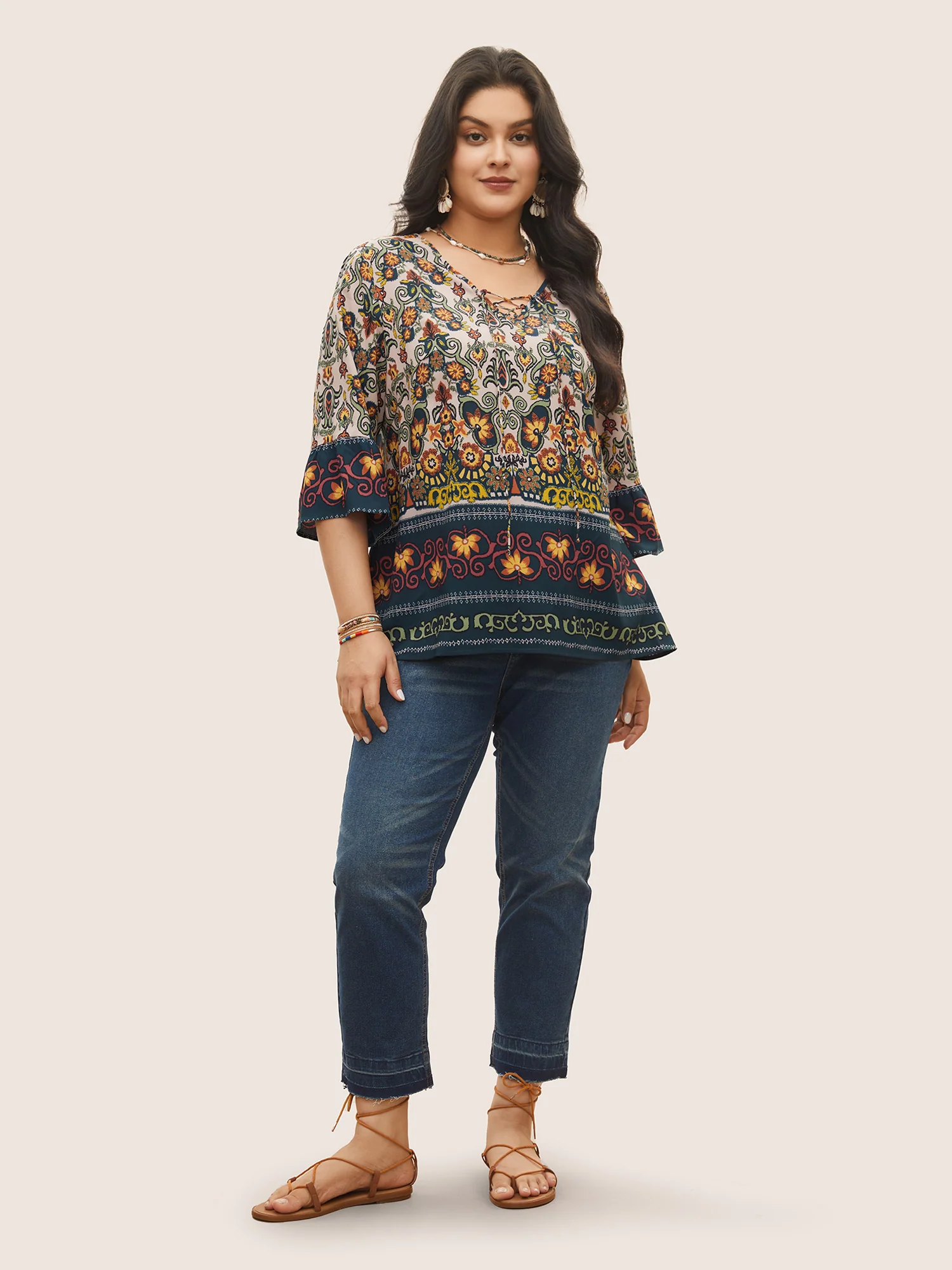 Boho Print Lace Up Bell Sleeve Blouse - Image 2