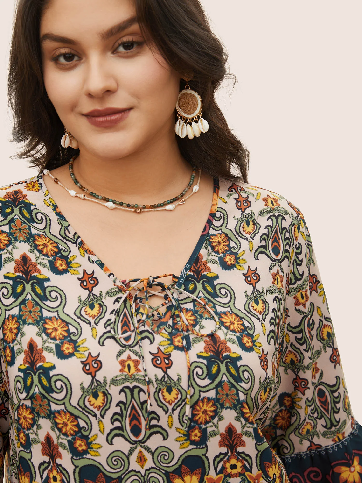 Boho Print Lace Up Bell Sleeve Blouse - Image 3