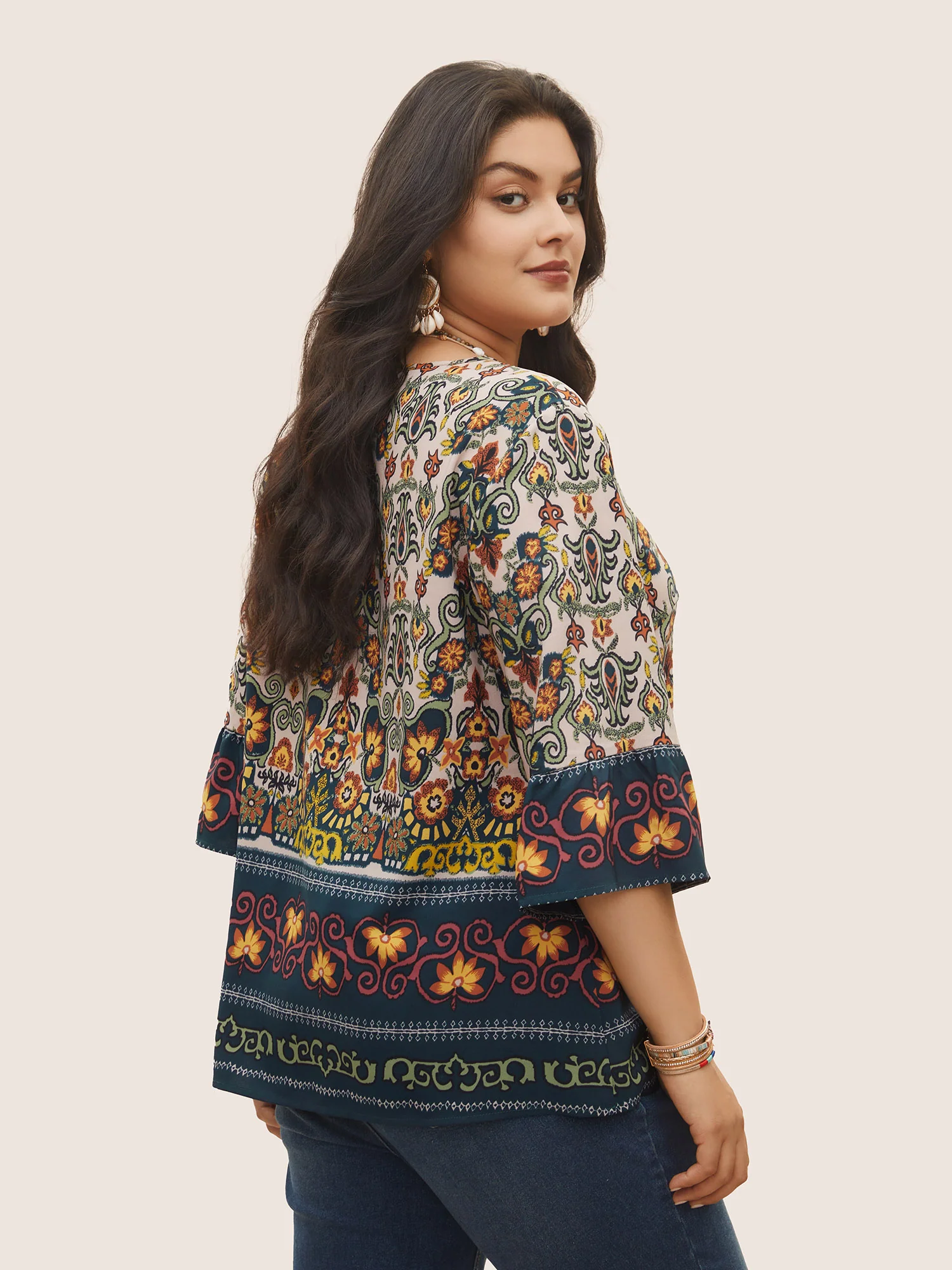 Boho Print Lace Up Bell Sleeve Blouse - Image 4