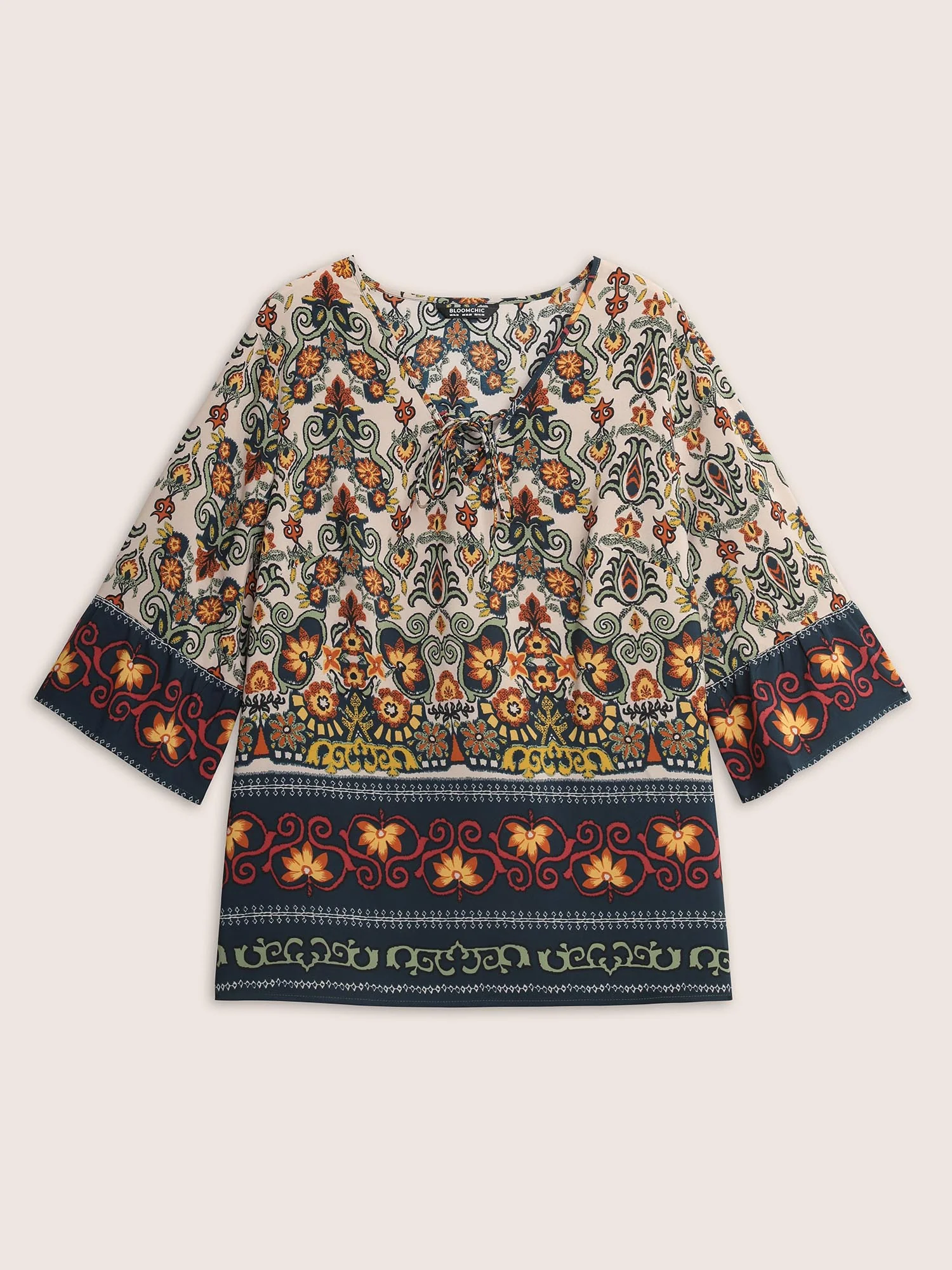 Boho Print Lace Up Bell Sleeve Blouse - Image 7