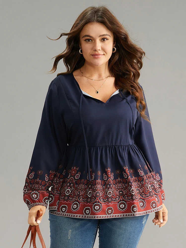 Boho Print Lantern Sleeve Tie Neck Elastic Waist Blouse