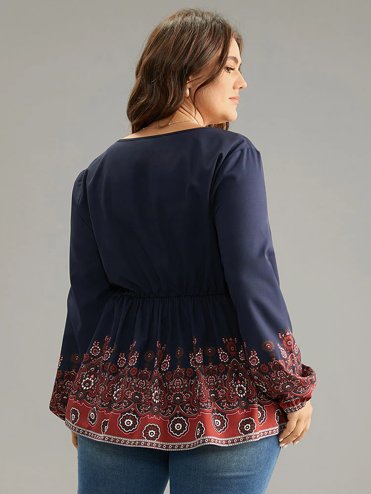 Boho Print Lantern Sleeve Tie Neck Elastic Waist Blouse - Image 2