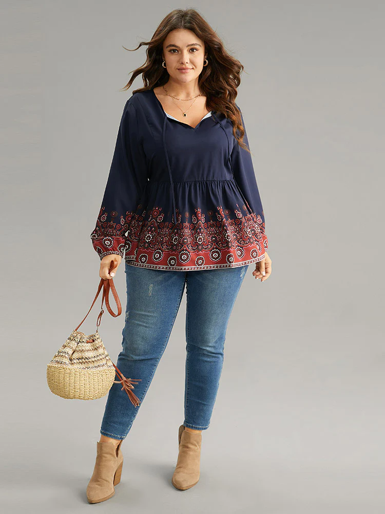 Boho Print Lantern Sleeve Tie Neck Elastic Waist Blouse - Image 3