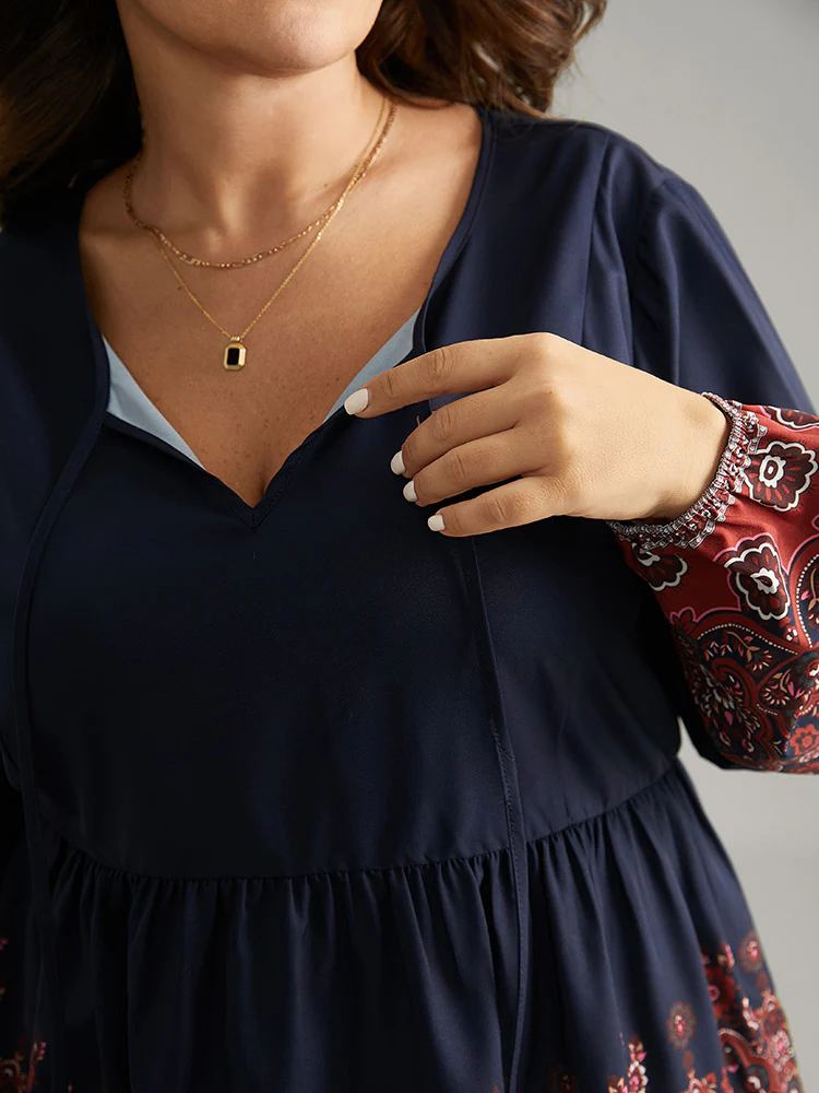 Boho Print Lantern Sleeve Tie Neck Elastic Waist Blouse - Image 4