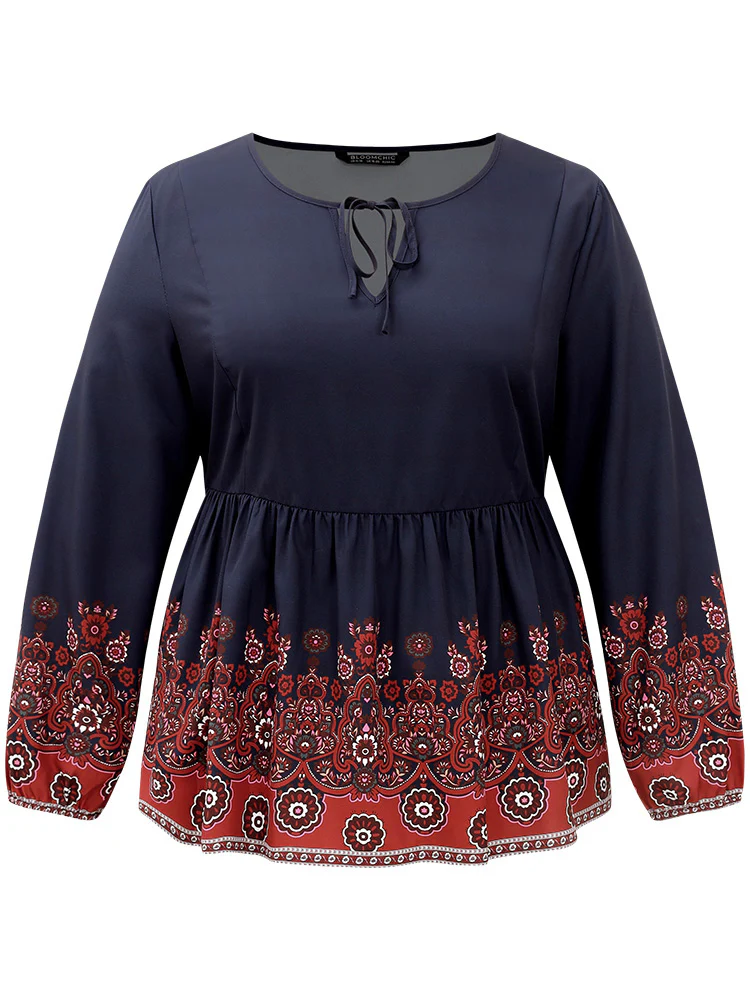 Boho Print Lantern Sleeve Tie Neck Elastic Waist Blouse - Image 5