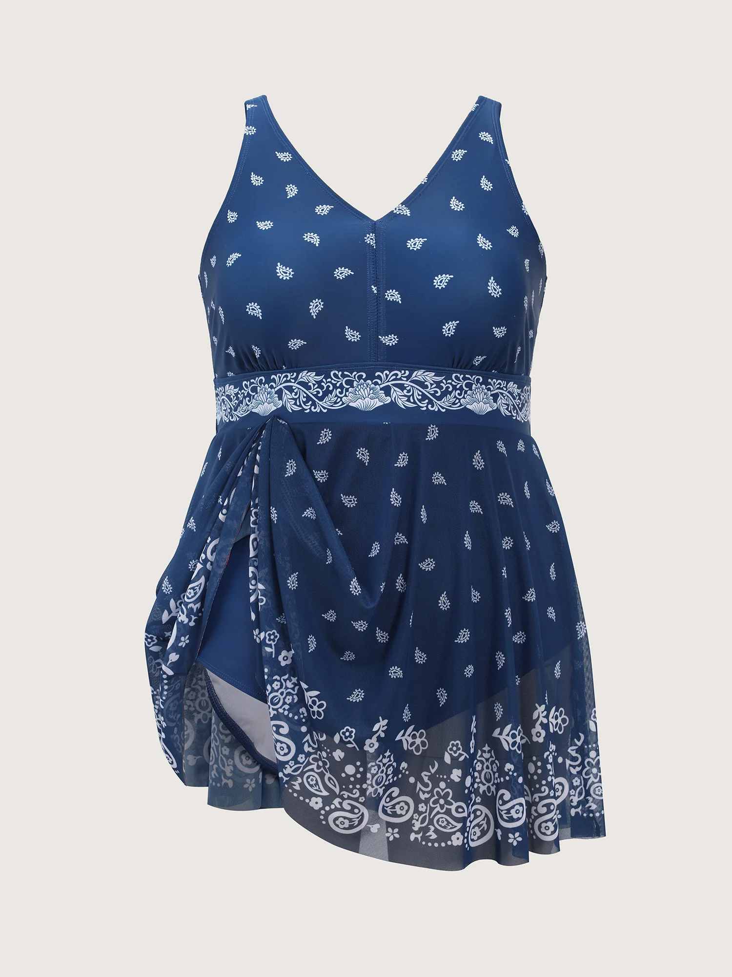 Boho Print Mesh Cinched-Flared Swim Dress - Image 7