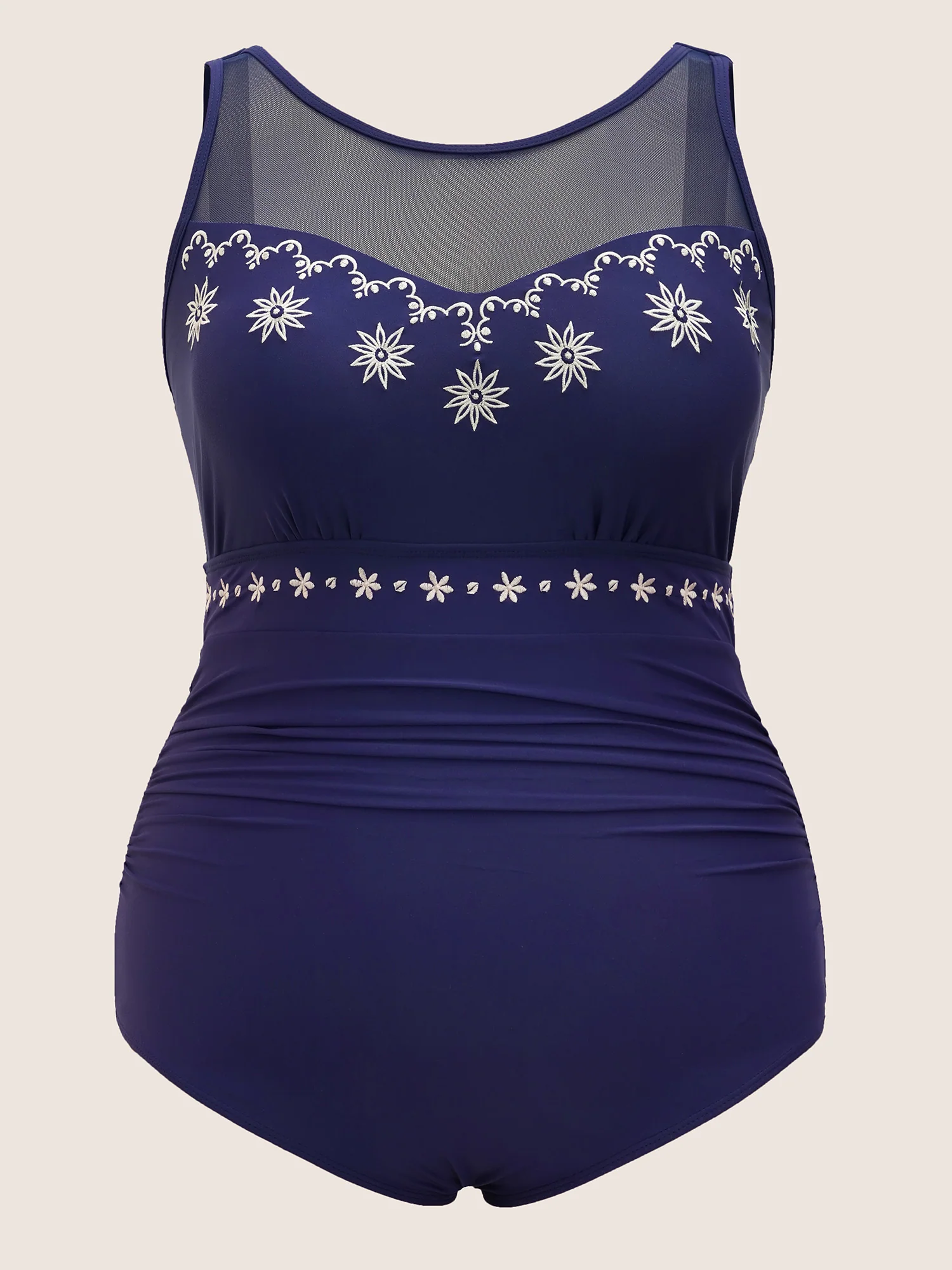 Floral Embroidered Mesh Patchwork Ruched One Piece Swimsuit - Image 7