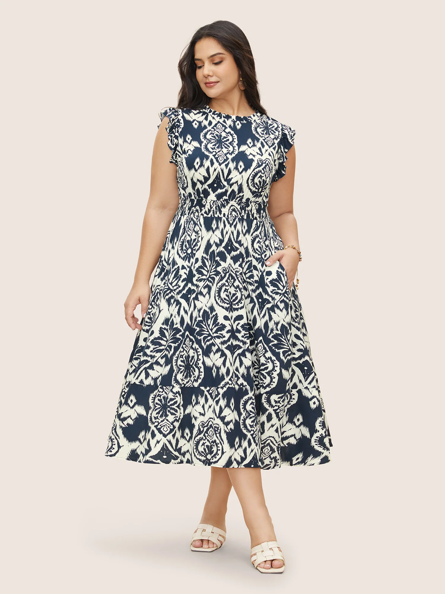 Boho Print Mock Neck Shirred Ruffle Cap Sleeve Dress - Image 2