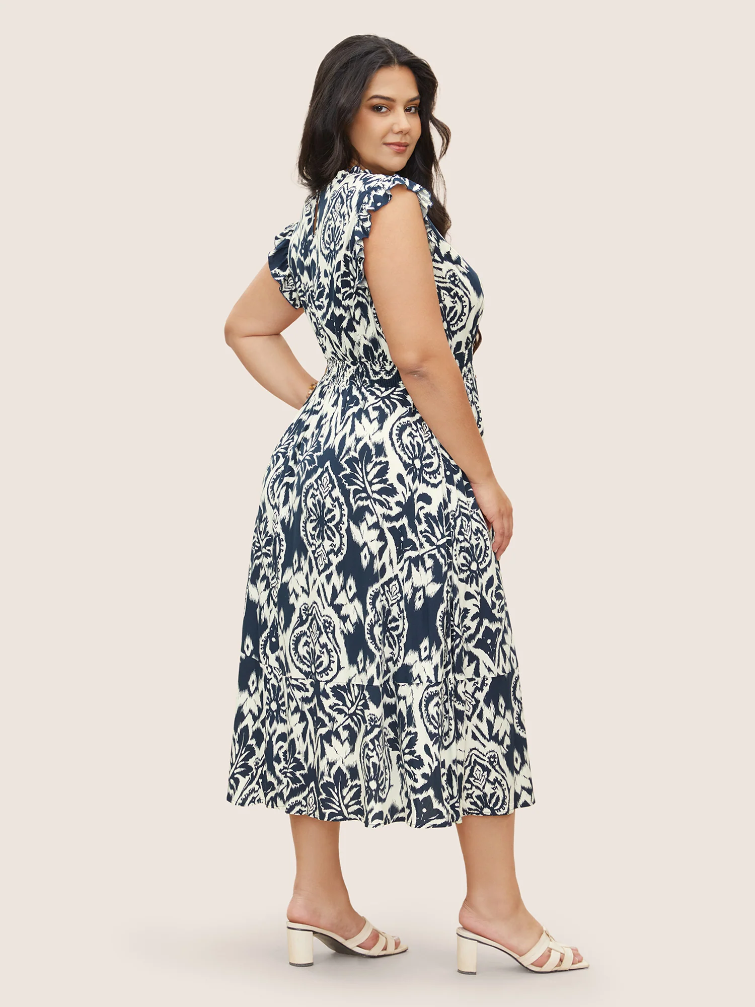 Boho Print Mock Neck Shirred Ruffle Cap Sleeve Dress - Image 3