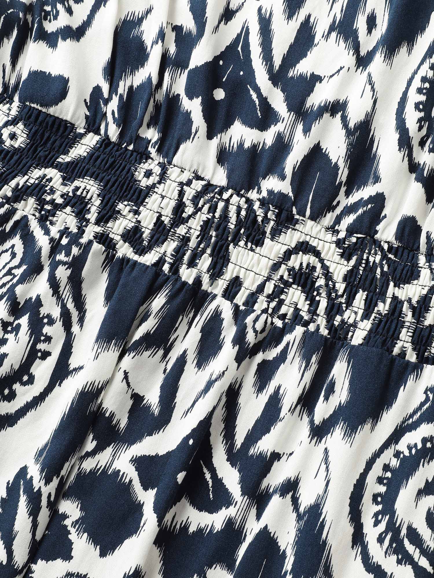 Boho Print Mock Neck Shirred Ruffle Cap Sleeve Dress - Image 5