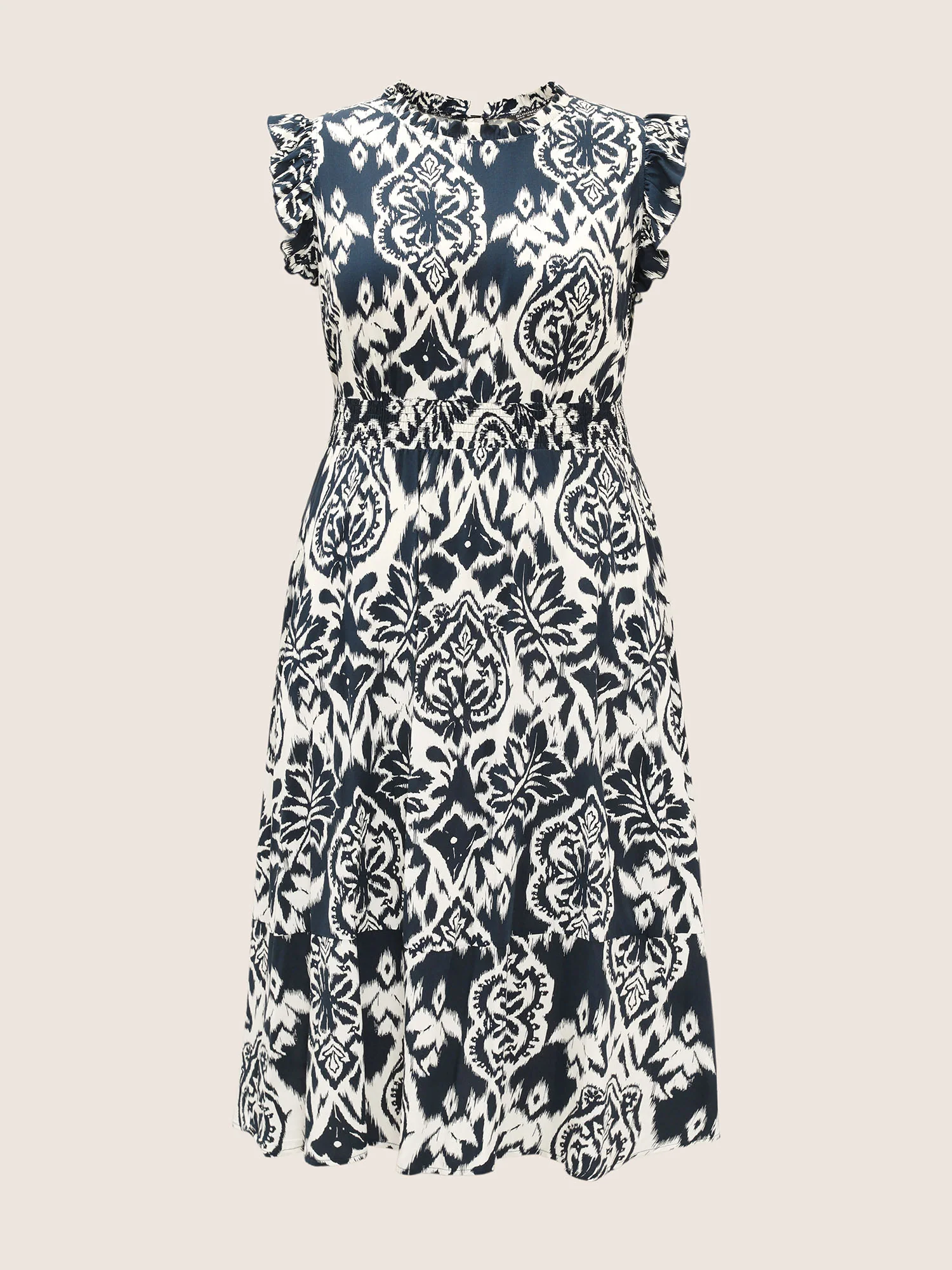 Boho Print Mock Neck Shirred Ruffle Cap Sleeve Dress - Image 7