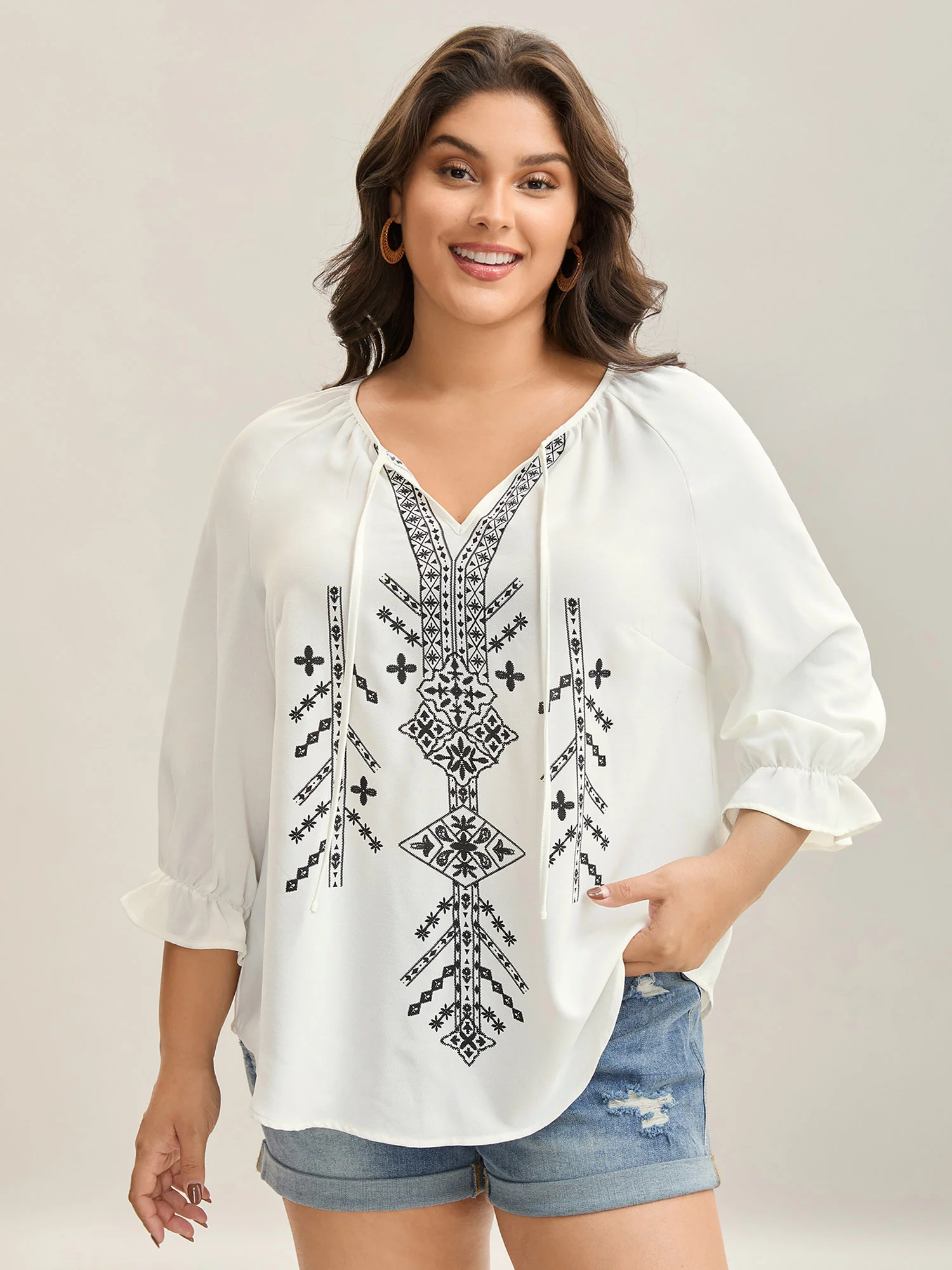 Boho Print Neck Tassels Shirt