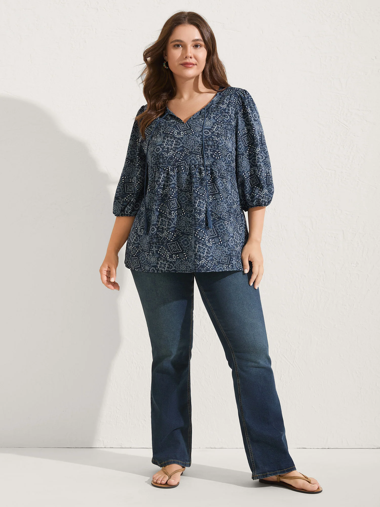Boho Print Neck Tie Lantern Sleeve Blouse - Image 3