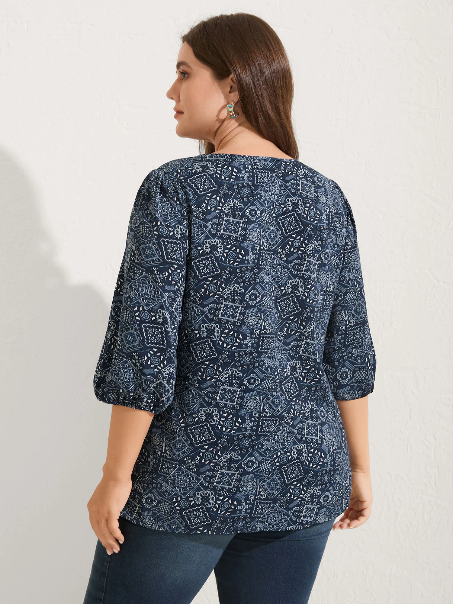 Boho Print Neck Tie Lantern Sleeve Blouse - Image 4