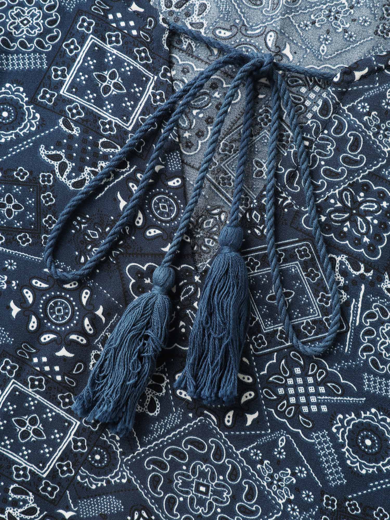 Boho Print Neck Tie Lantern Sleeve Blouse - Image 5