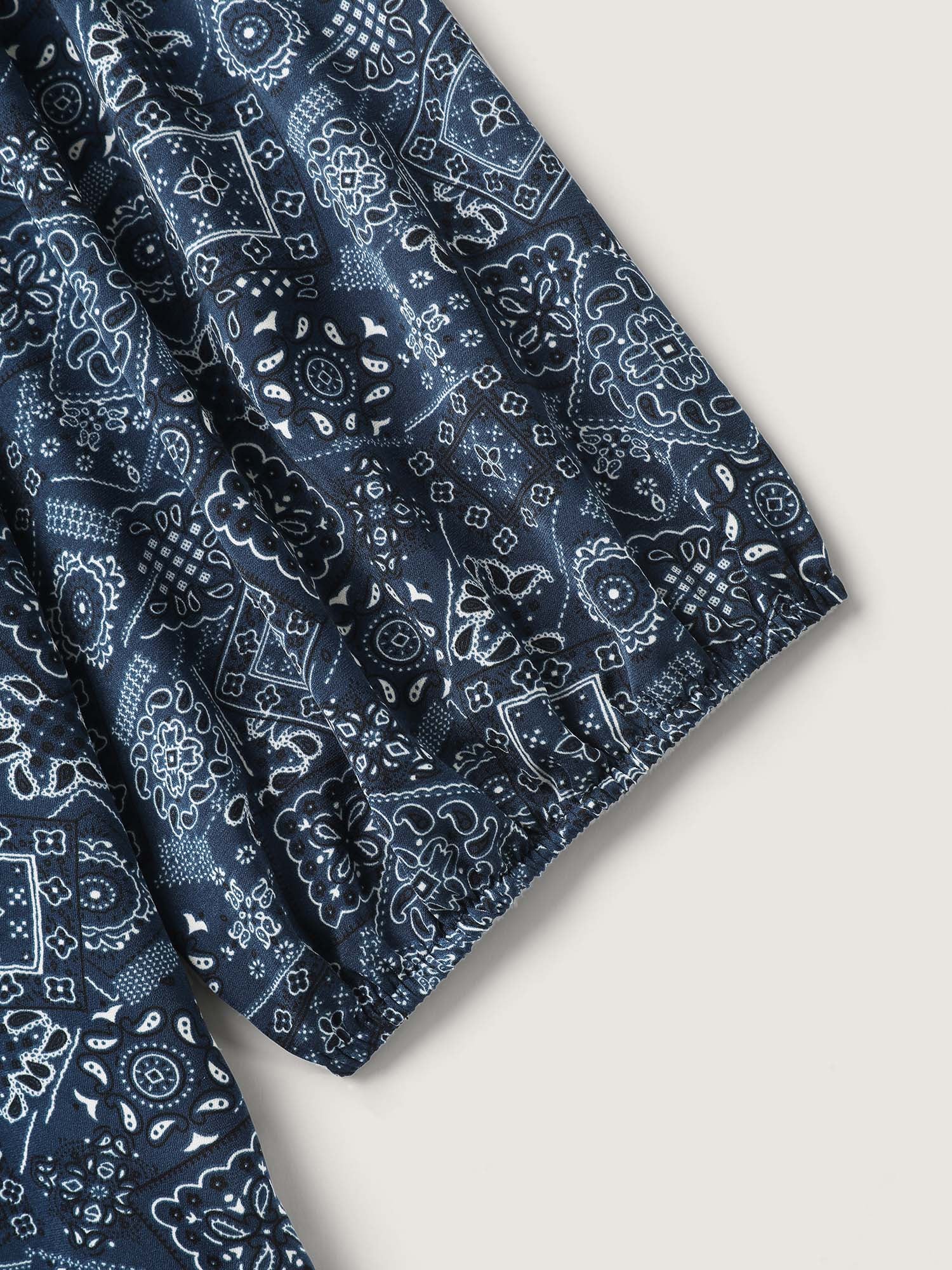 Boho Print Neck Tie Lantern Sleeve Blouse - Image 6