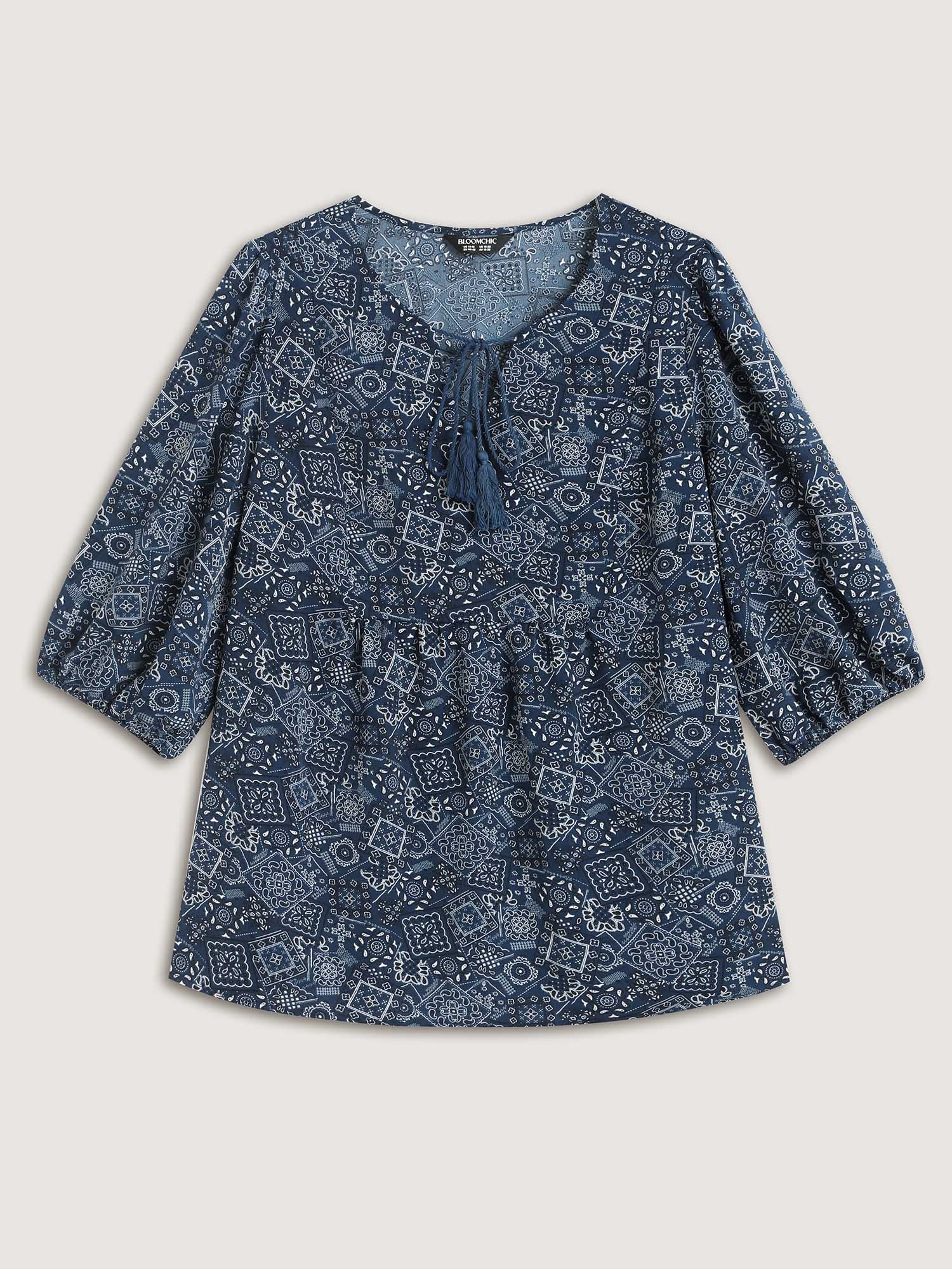 Boho Print Neck Tie Lantern Sleeve Blouse - Image 7