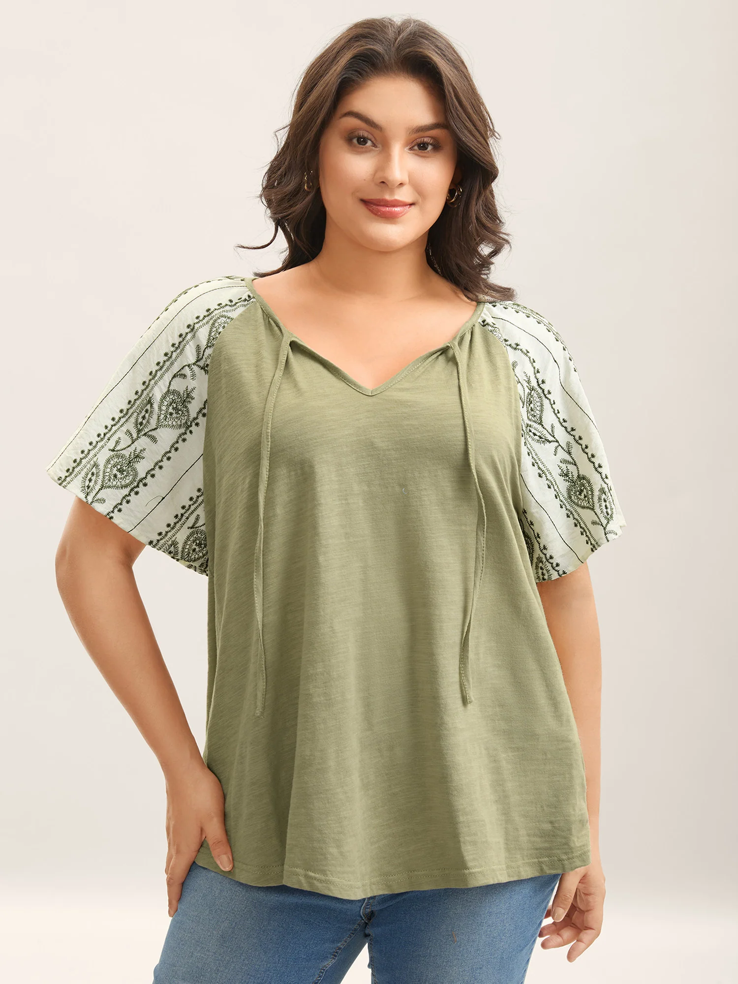 Boho Print Neck Tie Plain Top - Image 2