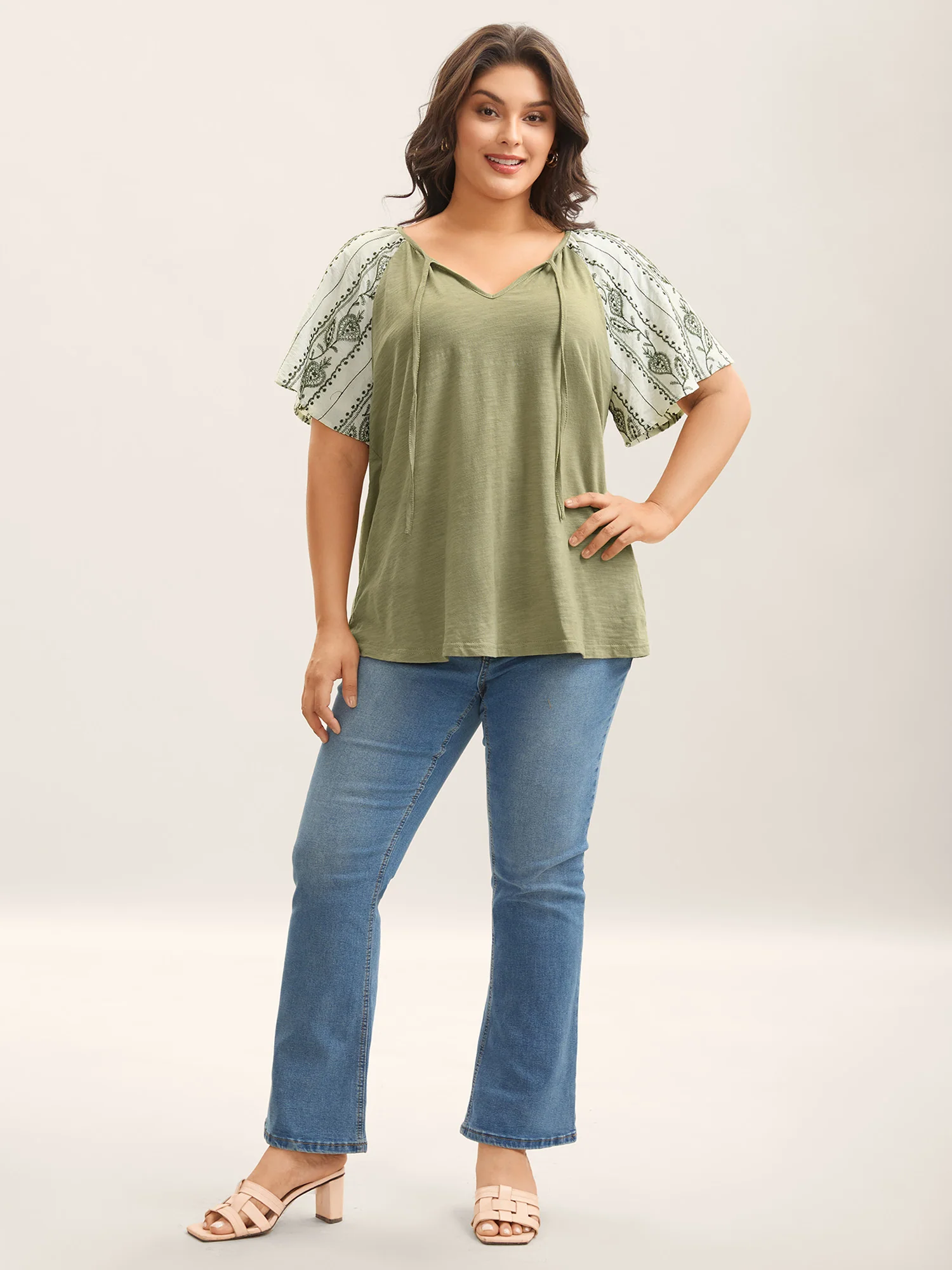 Boho Print Neck Tie Plain Top - Image 3