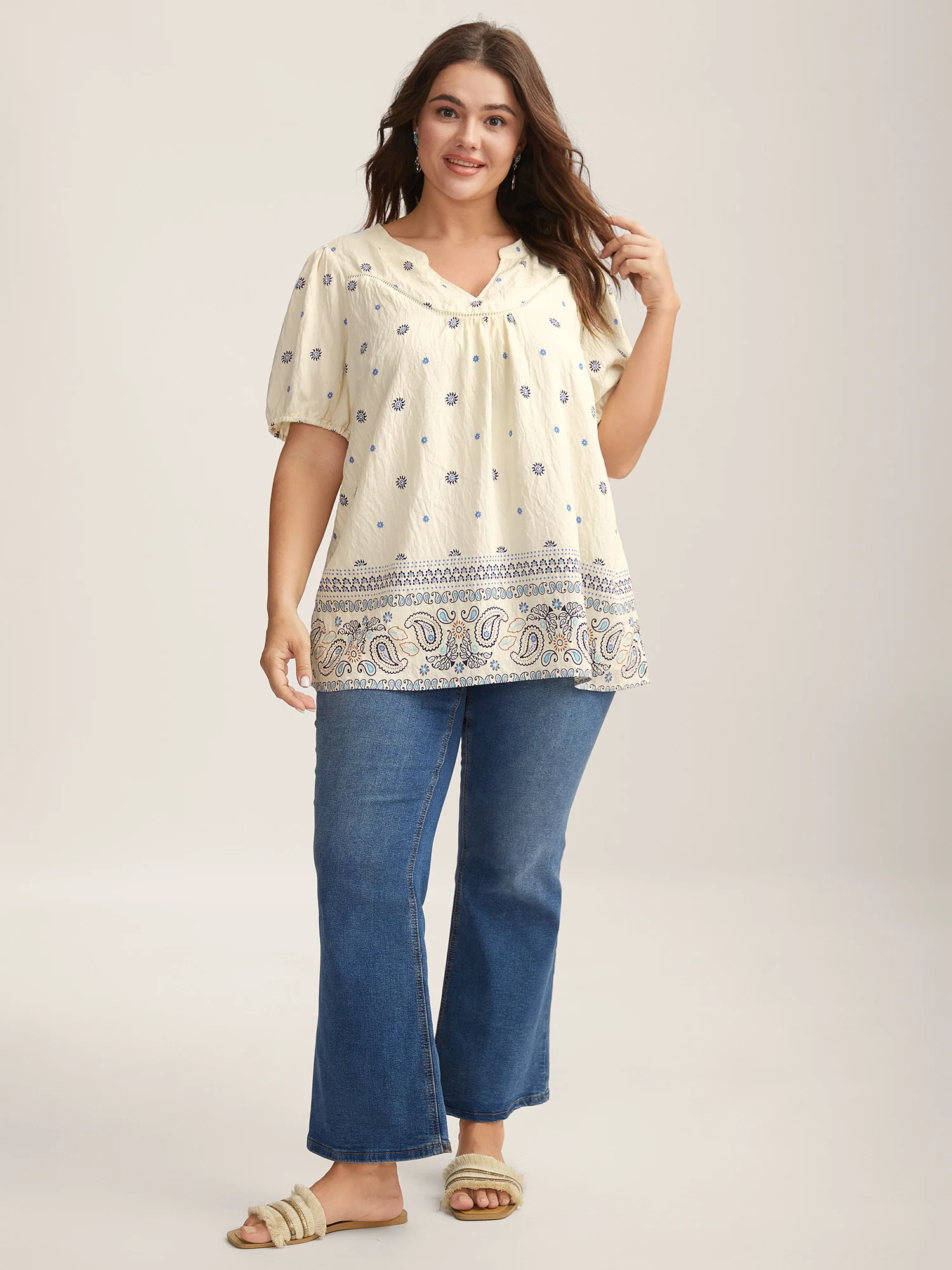 Boho Print Notched Collar Blouse - Image 3