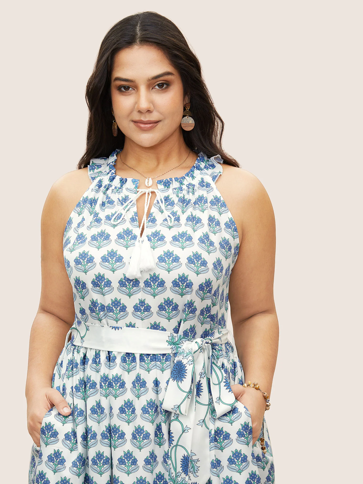 Boho Print Notched Collar Tassel Sleeveless Dress - Image 2