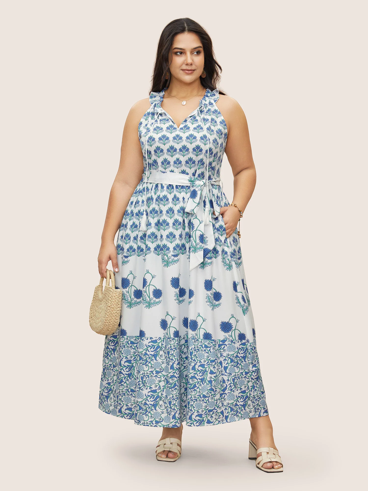 Boho Print Notched Collar Tassel Sleeveless Dress - Image 3