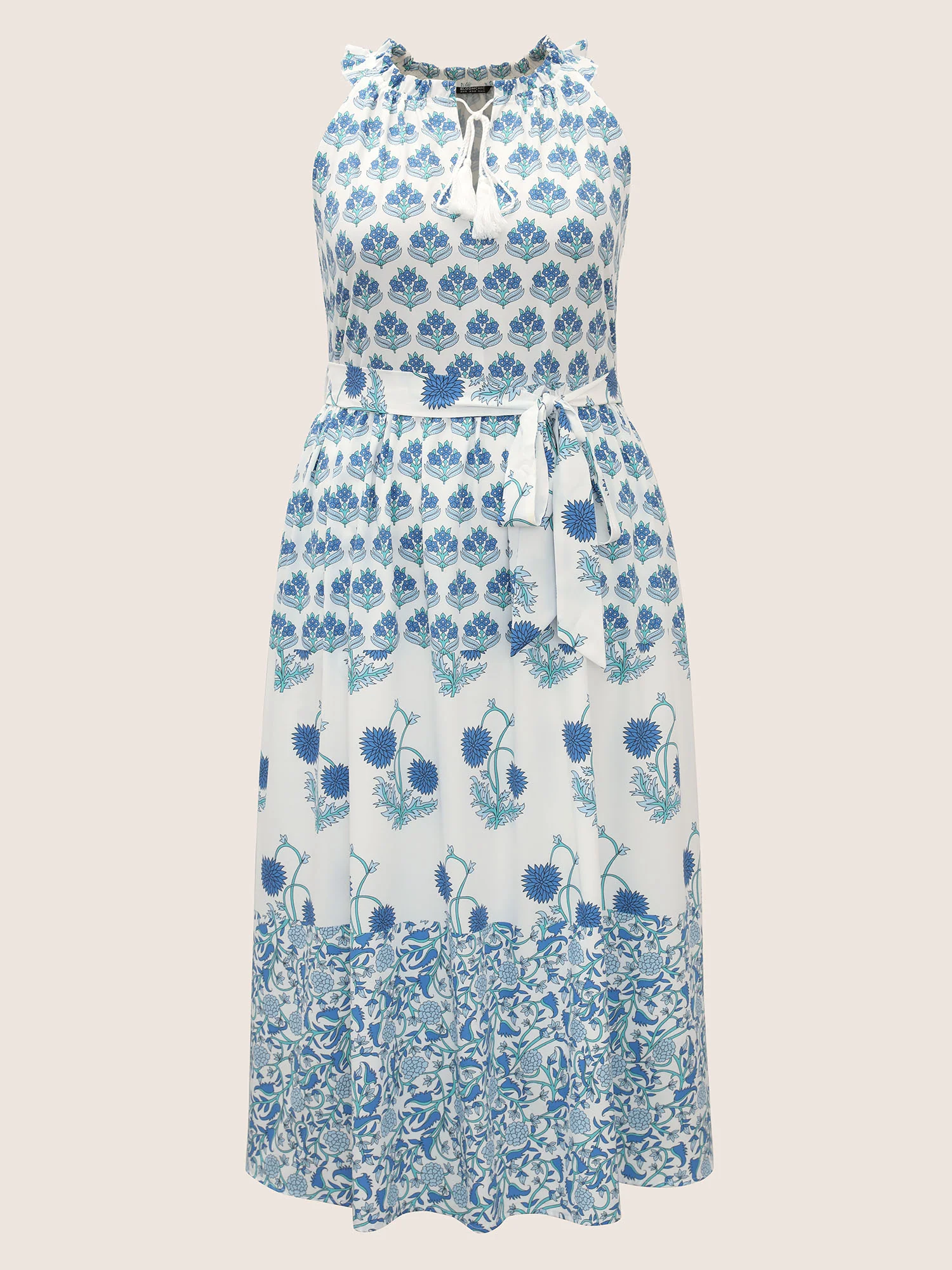 Boho Print Notched Collar Tassel Sleeveless Dress - Image 7