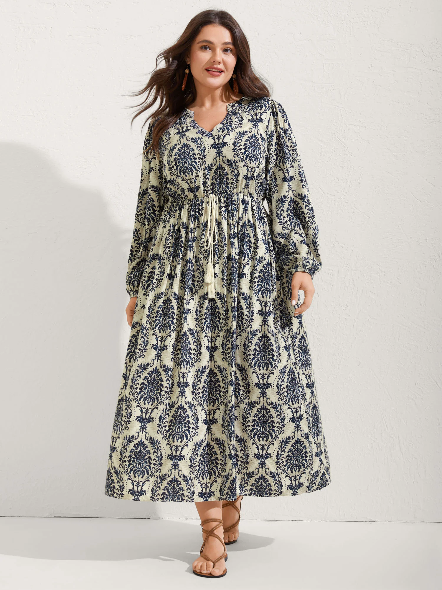 Boho Print Notched Tie Knot Maxi Dress - Image 3