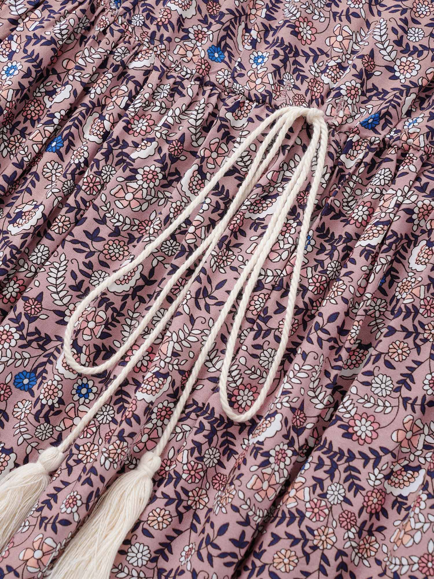 Boho Print Notched Ties Tassel Trim Dress - Image 10