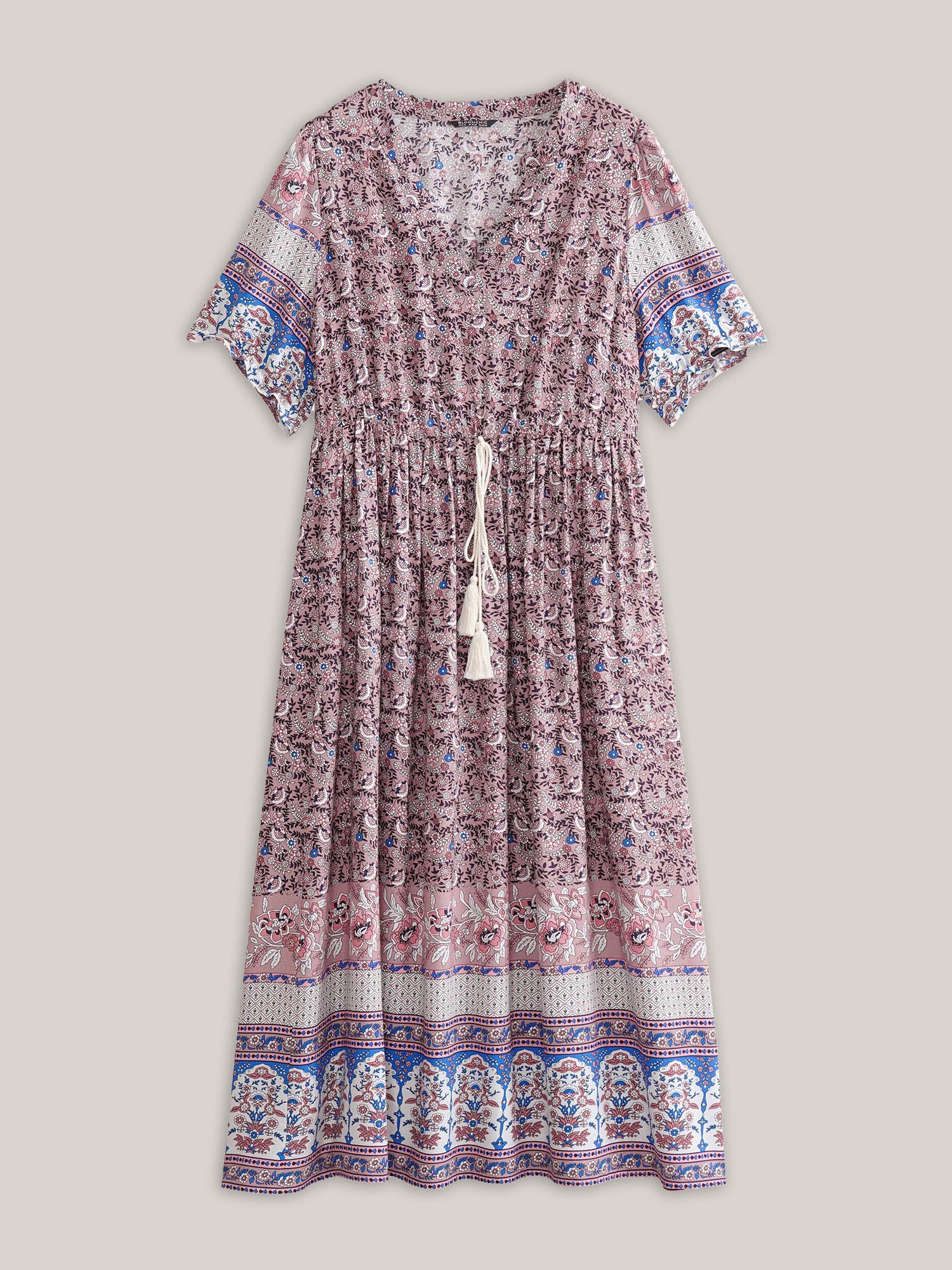 Boho Print Notched Ties Tassel Trim Dress - Image 12
