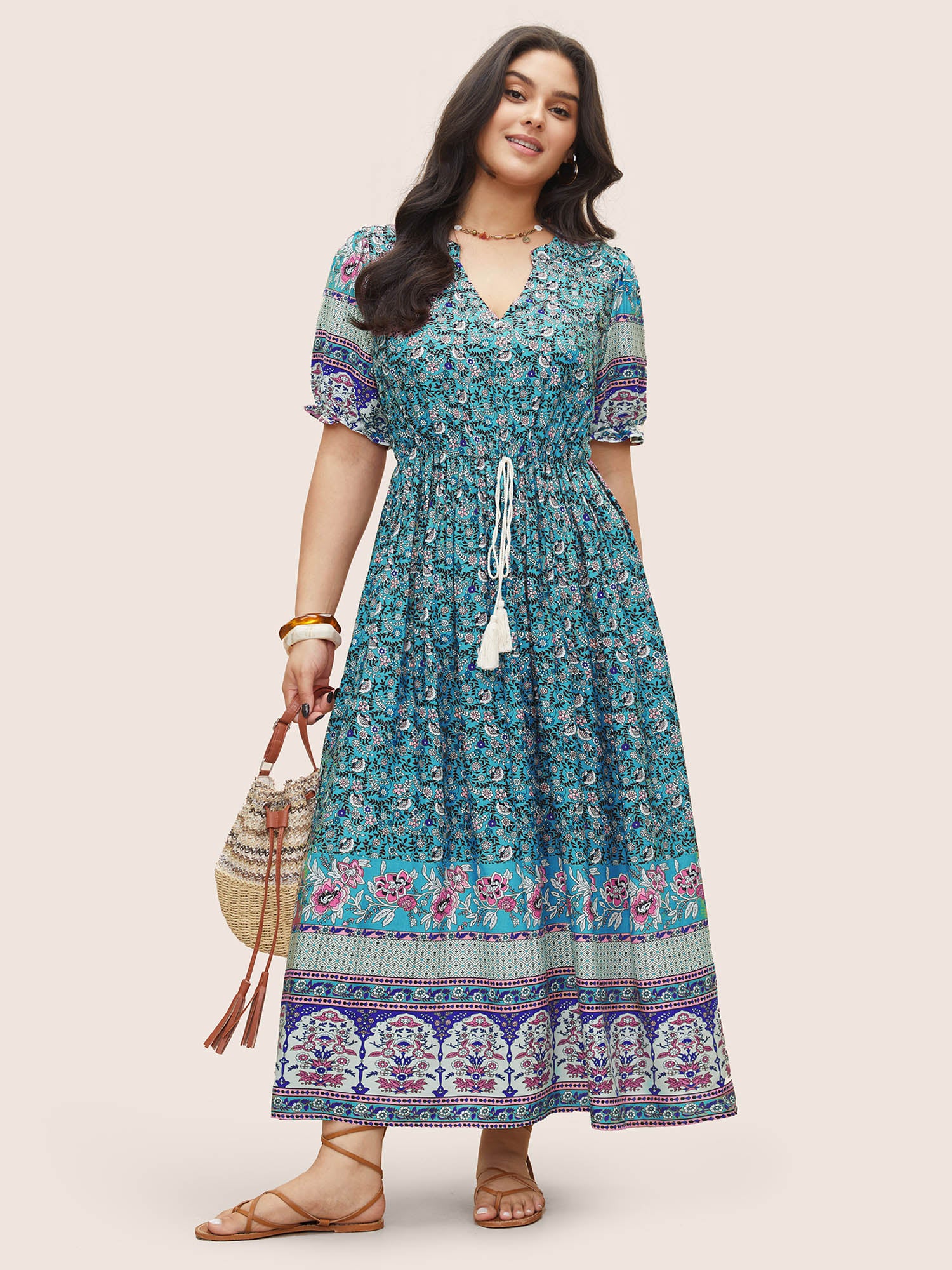 Boho Print Notched Ties Tassel Trim Dress - Image 13