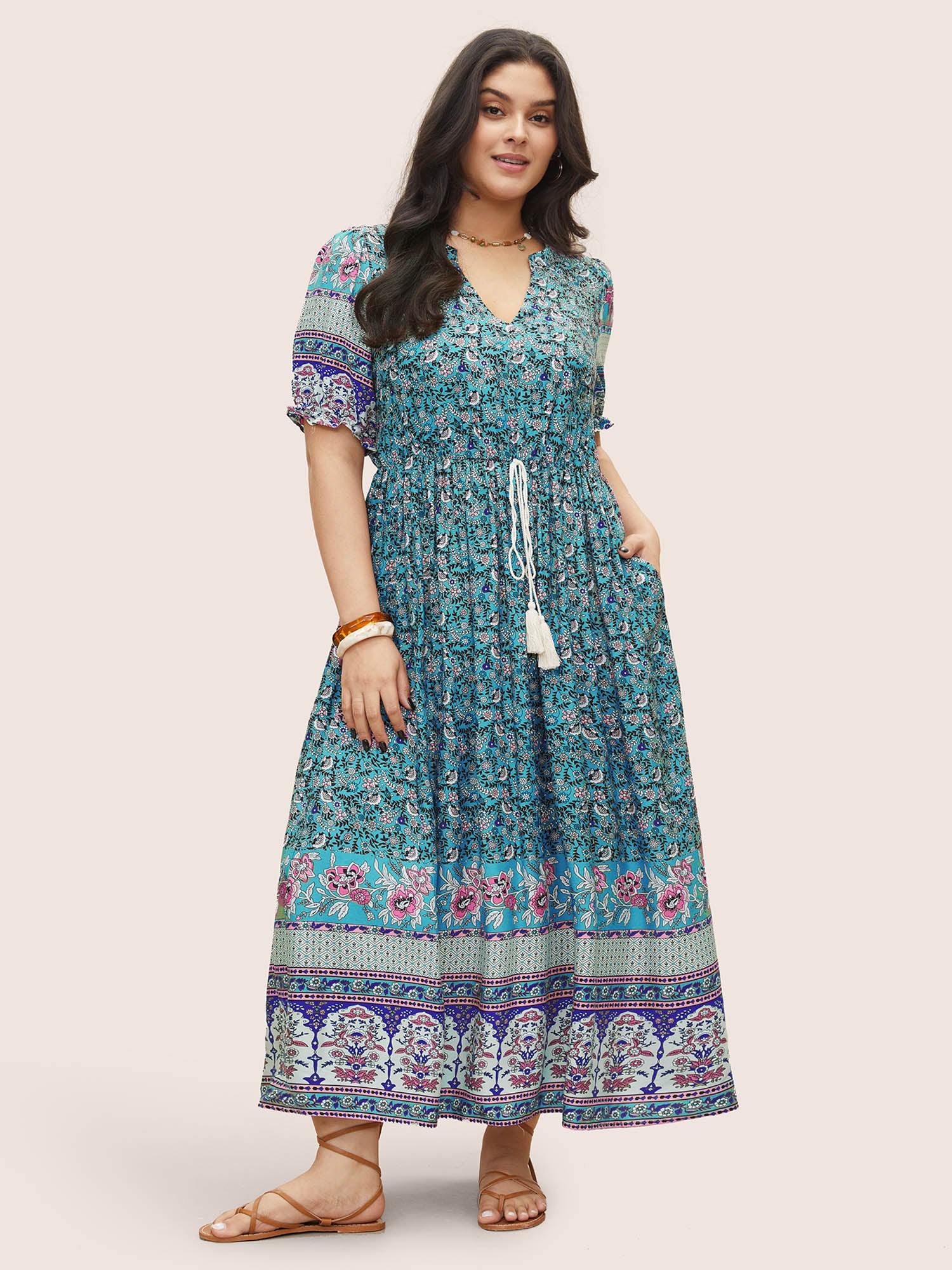 Boho Print Notched Ties Tassel Trim Dress - Image 15
