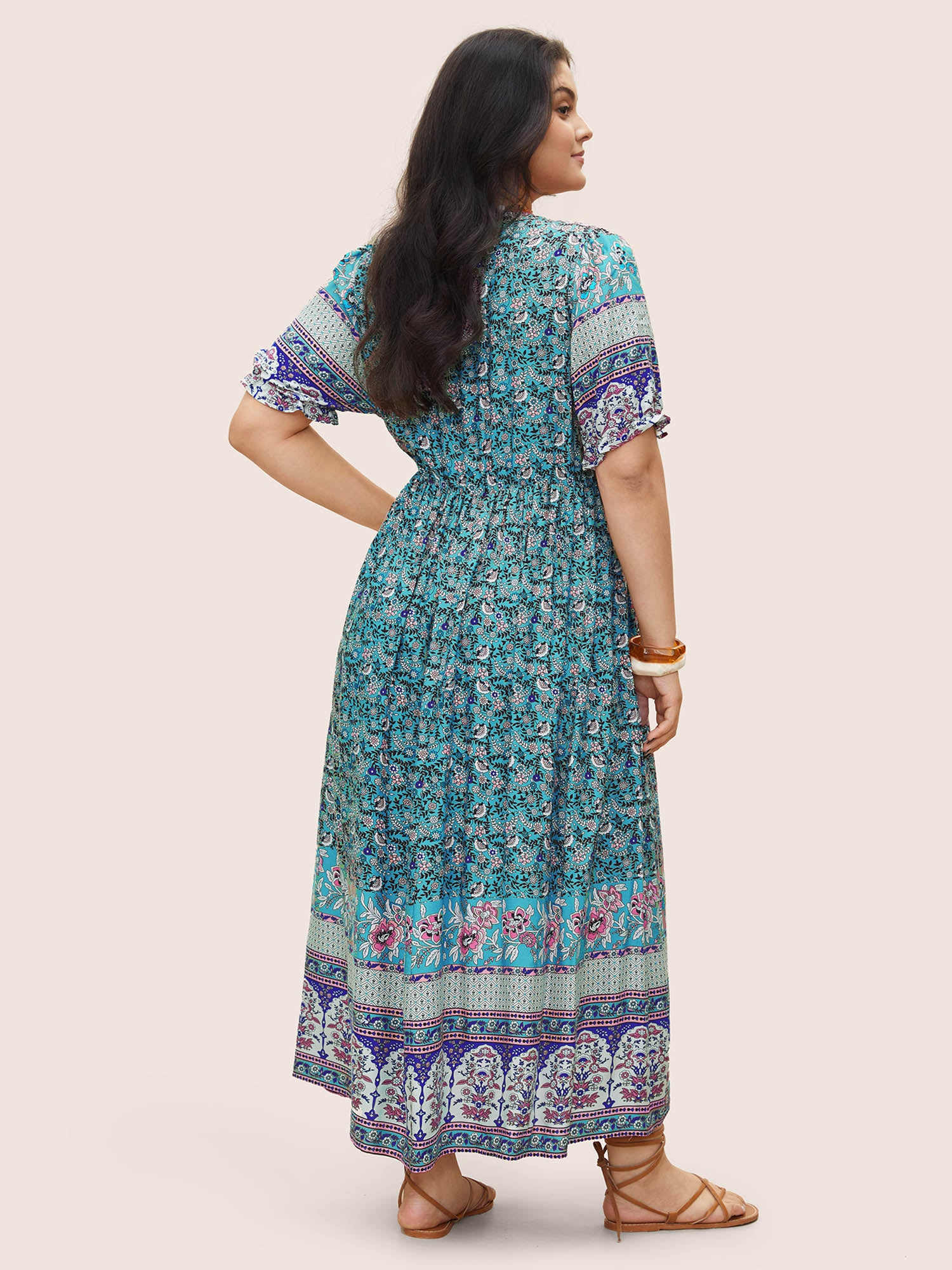 Boho Print Notched Ties Tassel Trim Dress - Image 16