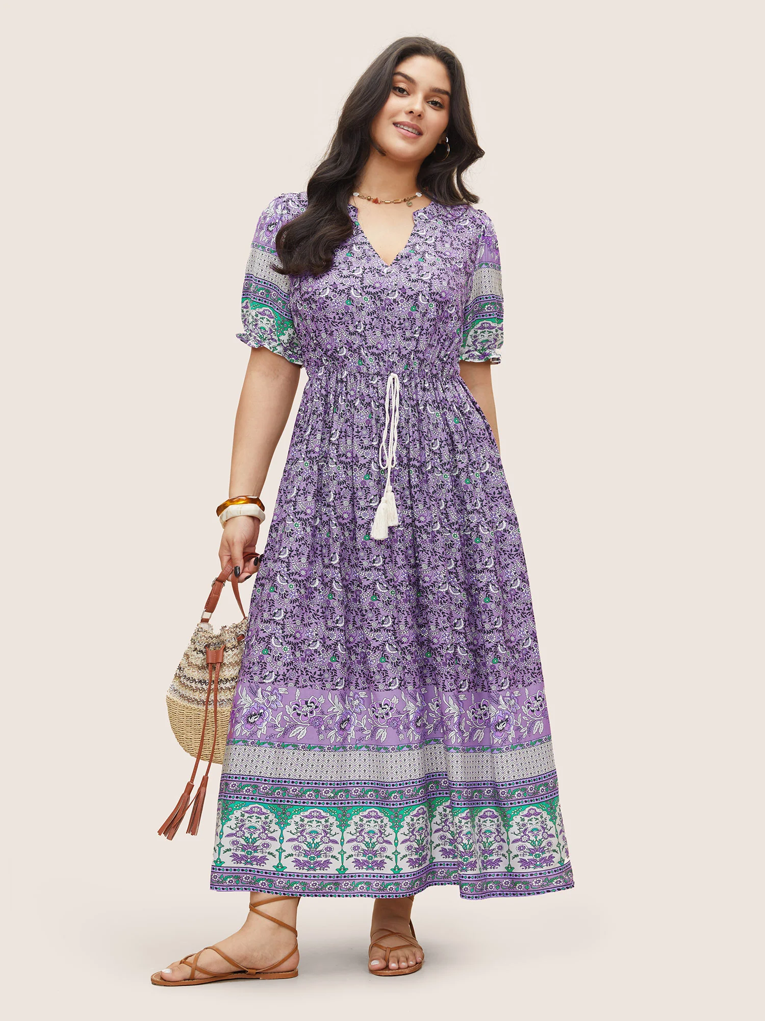 Boho Print Notched Ties Tassel Trim Dress - Image 17