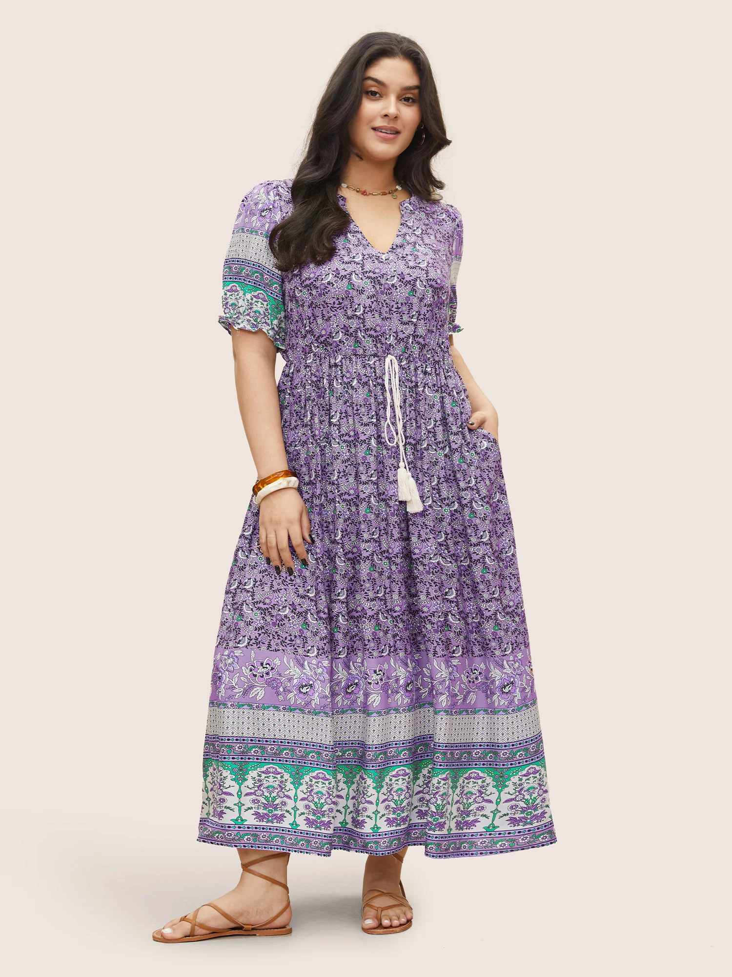 Boho Print Notched Ties Tassel Trim Dress - Image 18