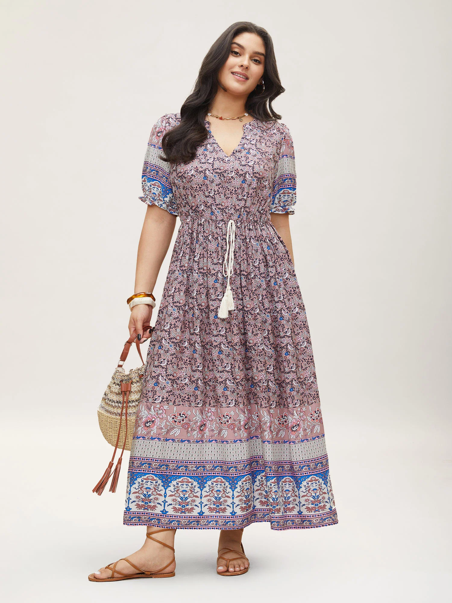 Boho Print Notched Ties Tassel Trim Dress - Image 5