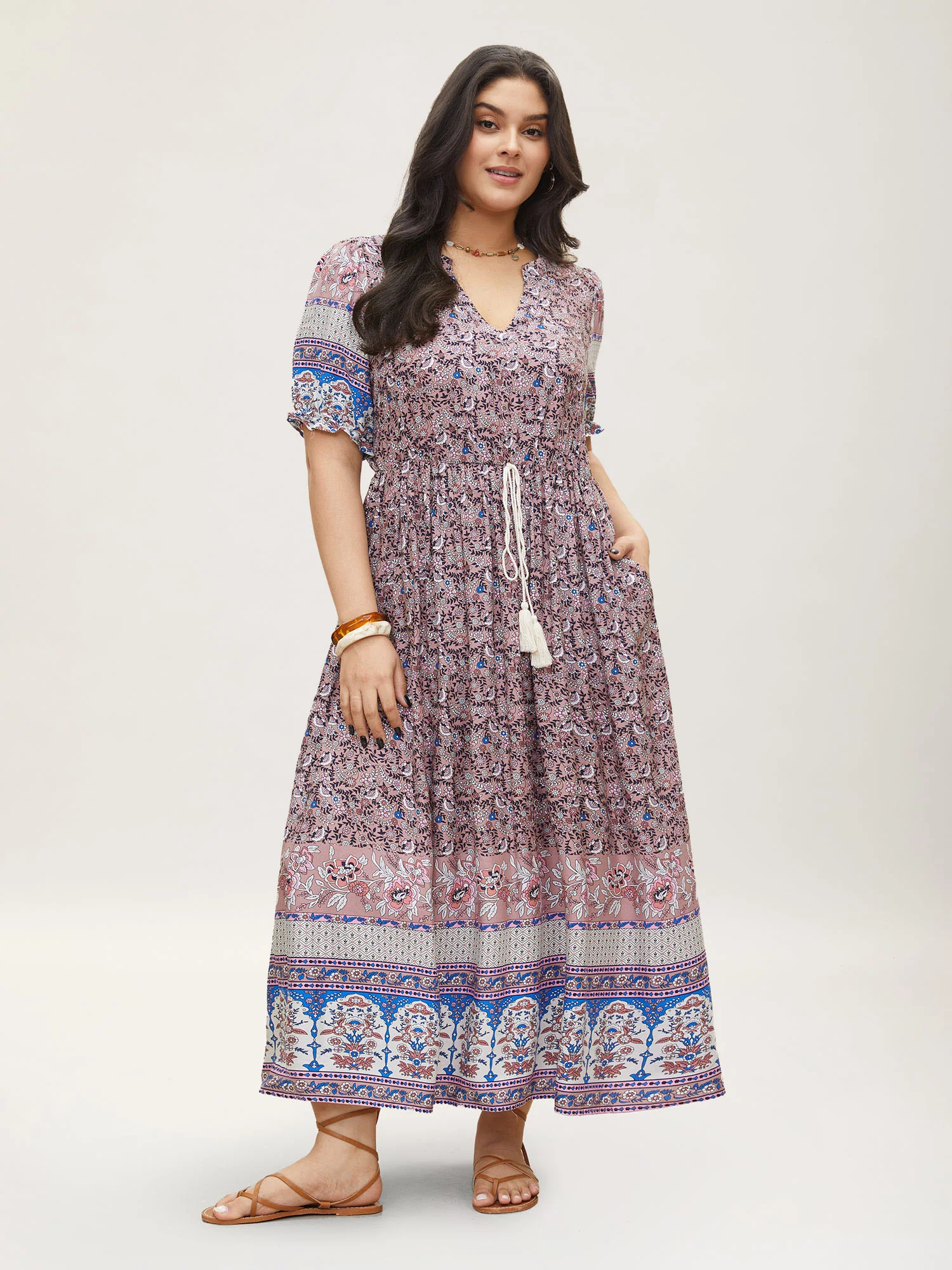 Boho Print Notched Ties Tassel Trim Dress - Image 6