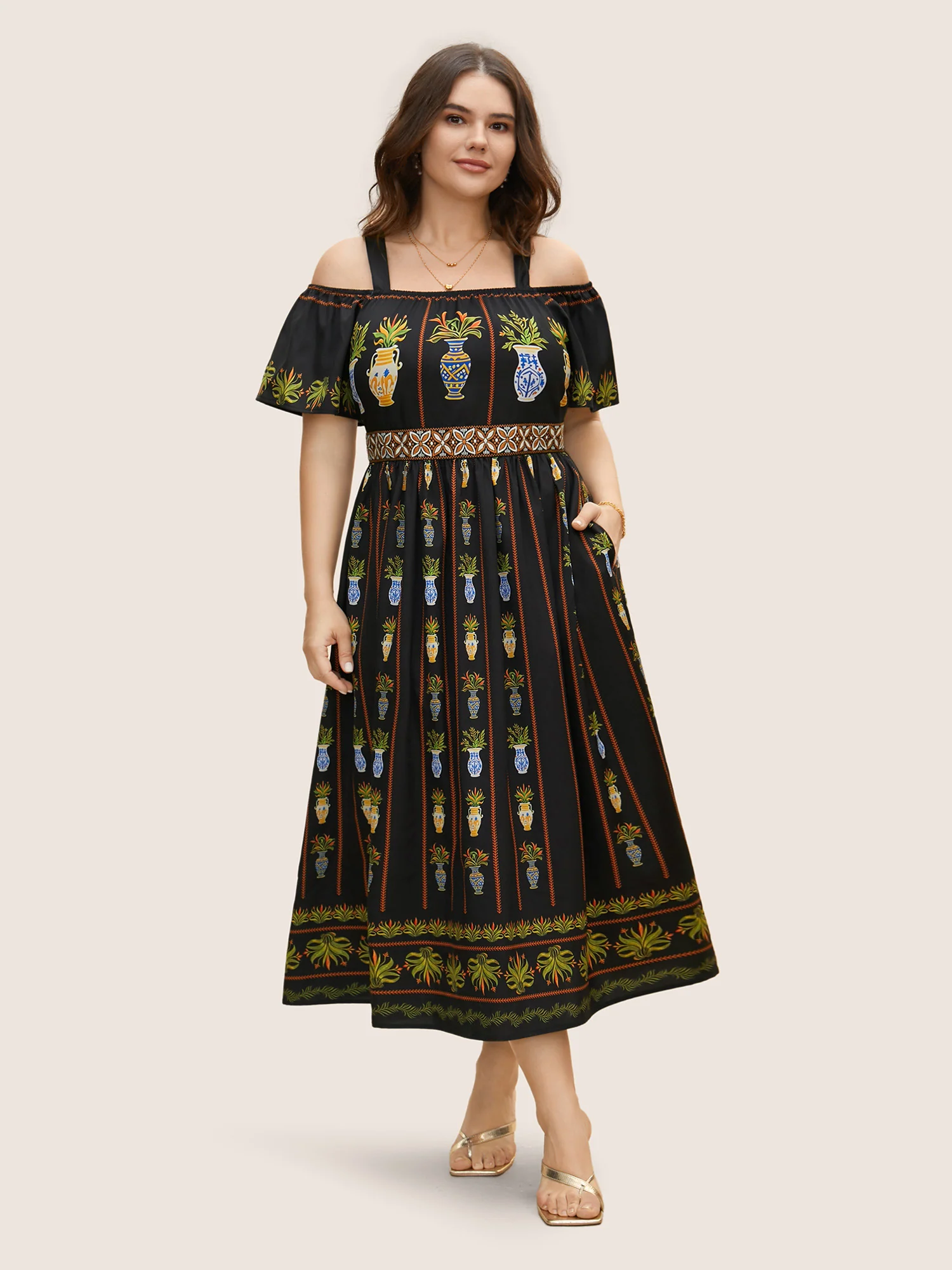 Boho Print Off Shoulder Woven Ribbon Dress - Image 2