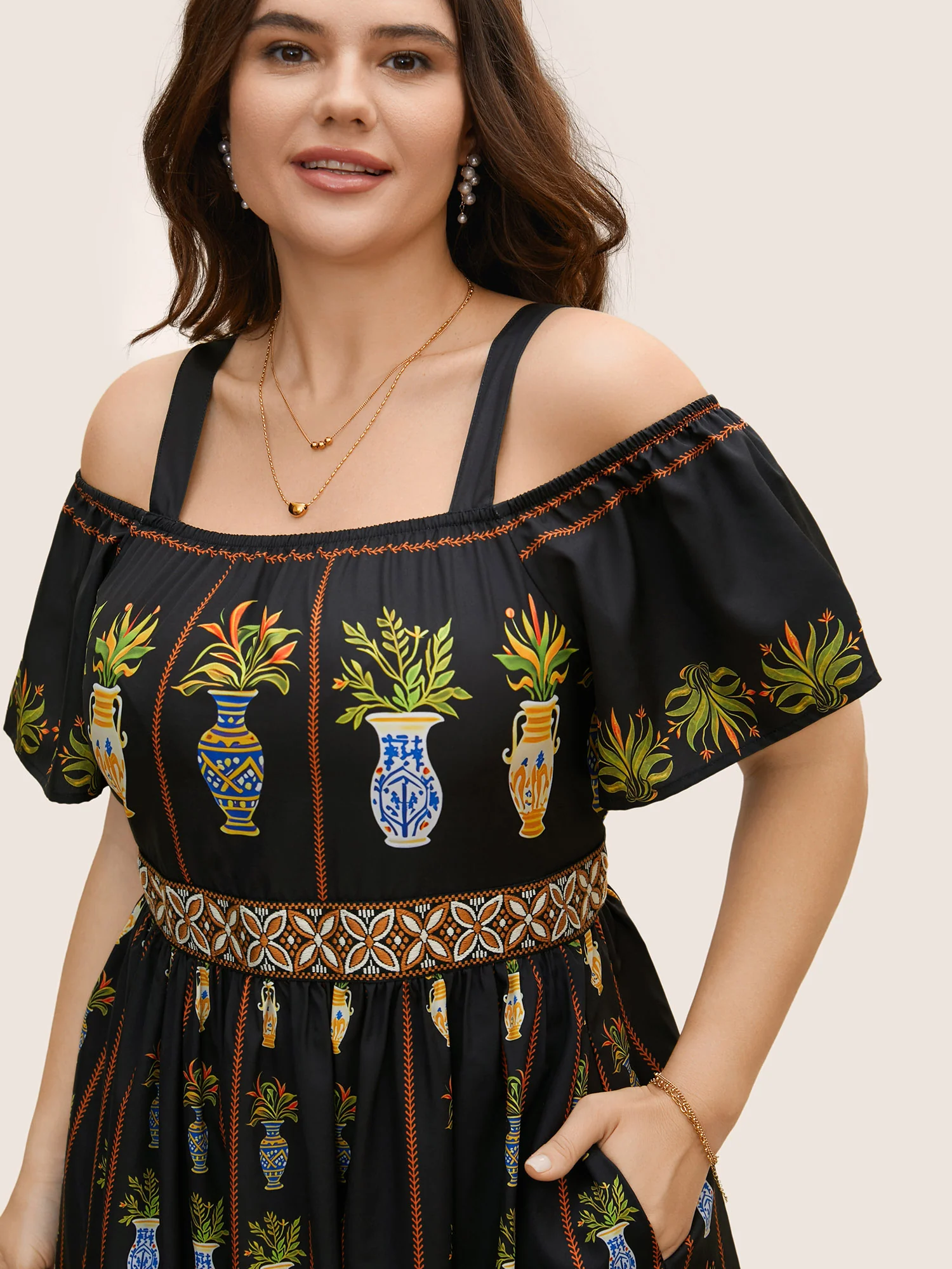 Boho Print Off Shoulder Woven Ribbon Dress - Image 3