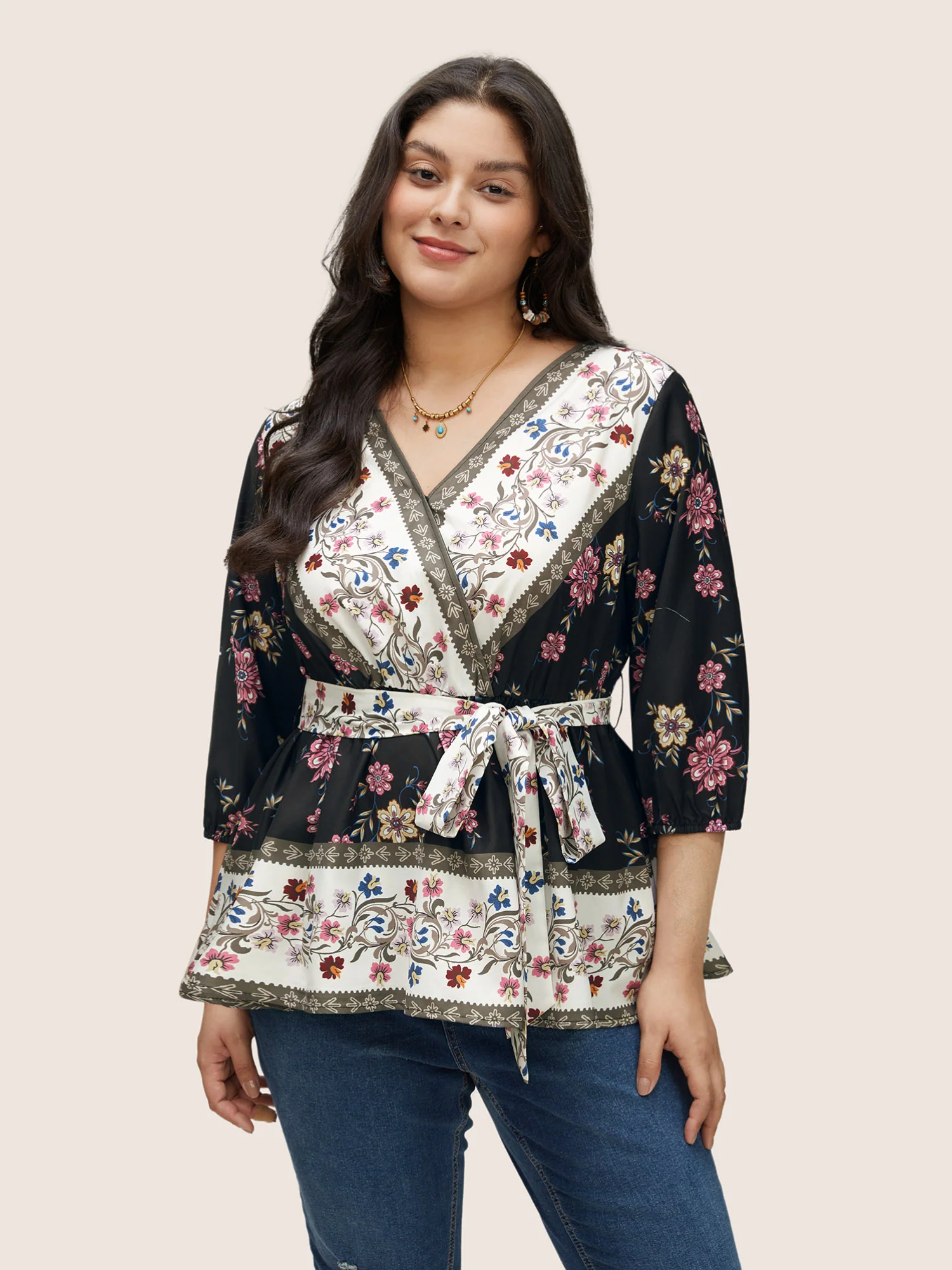 Boho Print Overlap Collar Belted Blouse