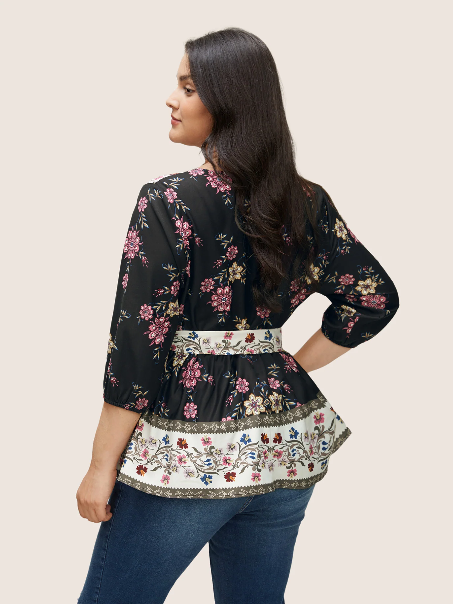 Boho Print Overlap Collar Belted Blouse - Image 2