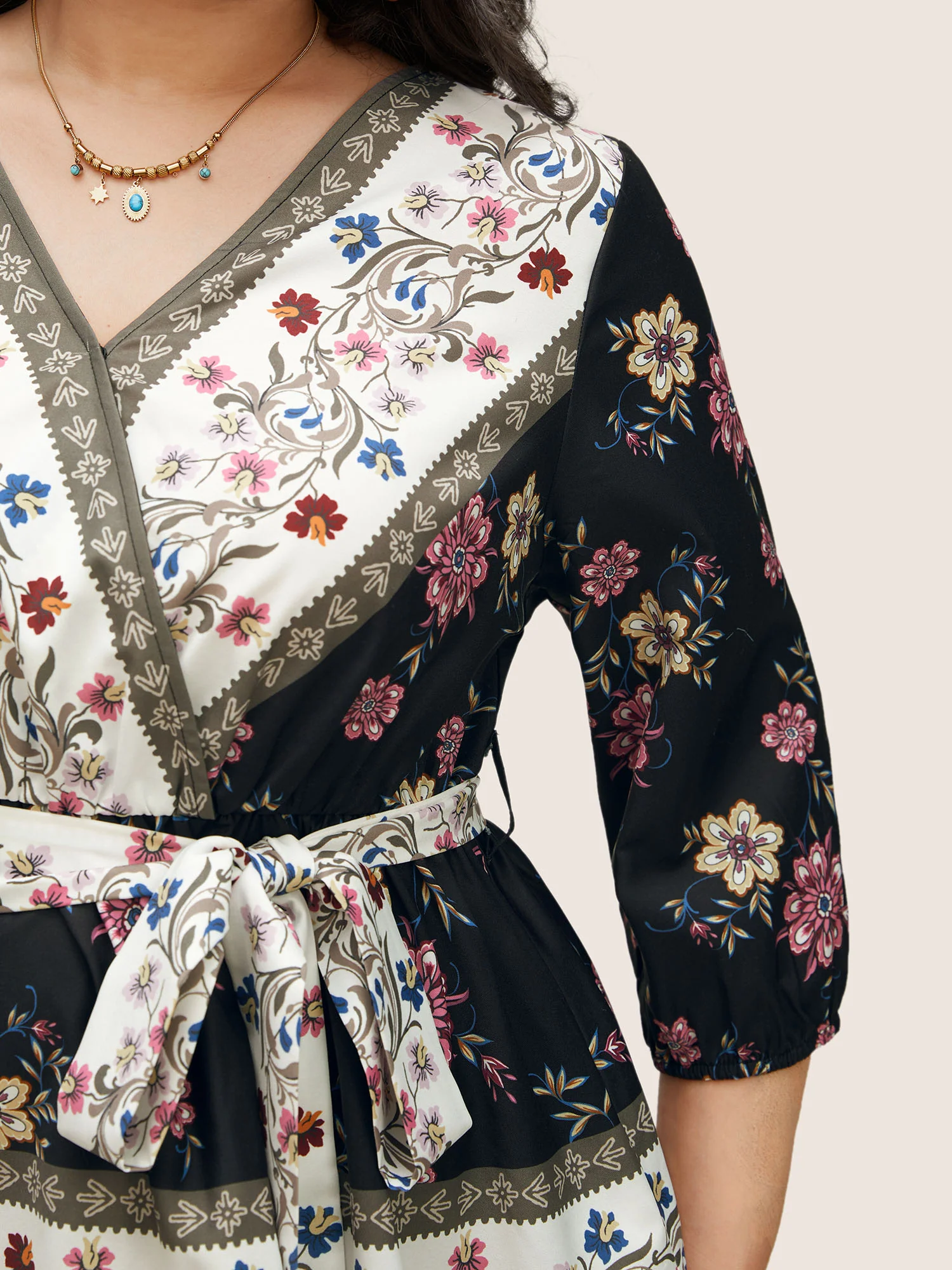 Boho Print Overlap Collar Belted Blouse - Image 3