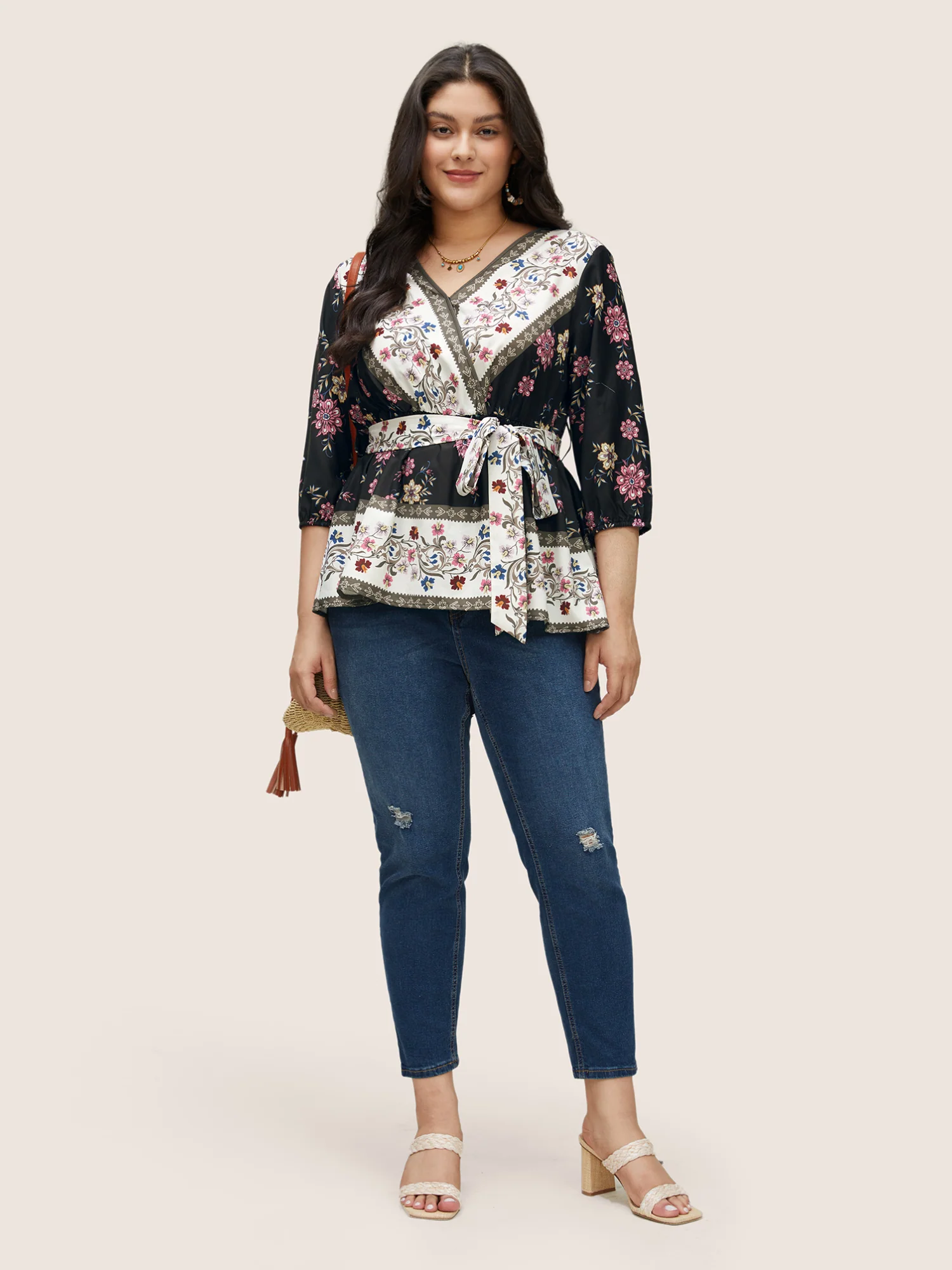 Boho Print Overlap Collar Belted Blouse - Image 4