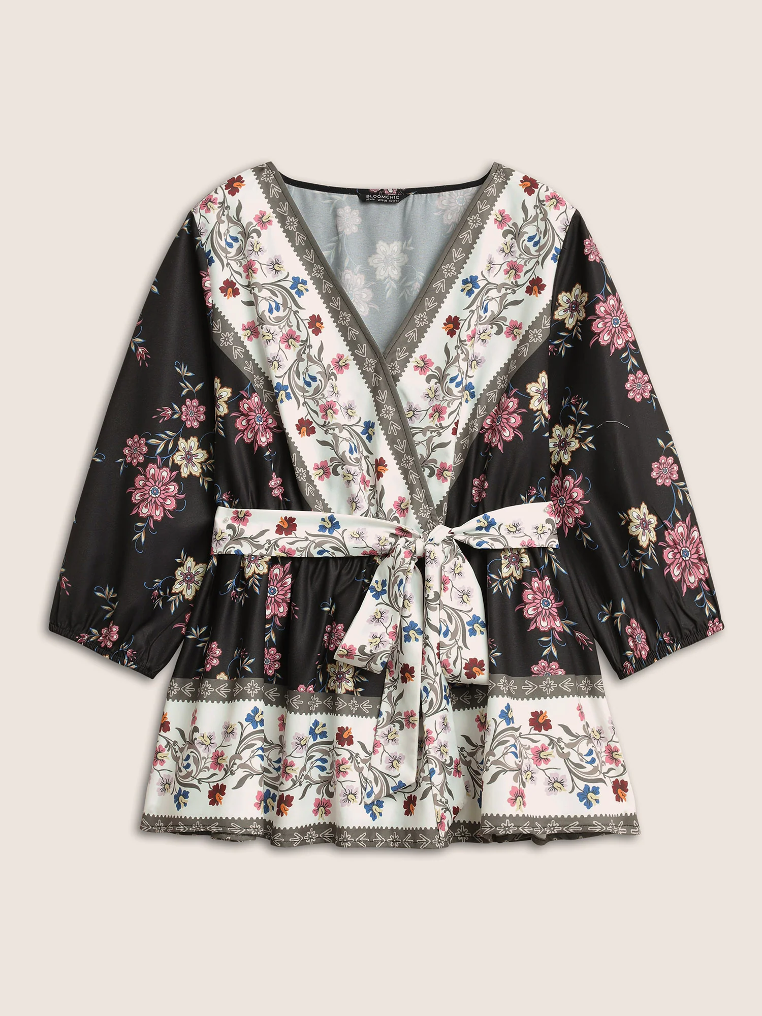 Boho Print Overlap Collar Belted Blouse - Image 7