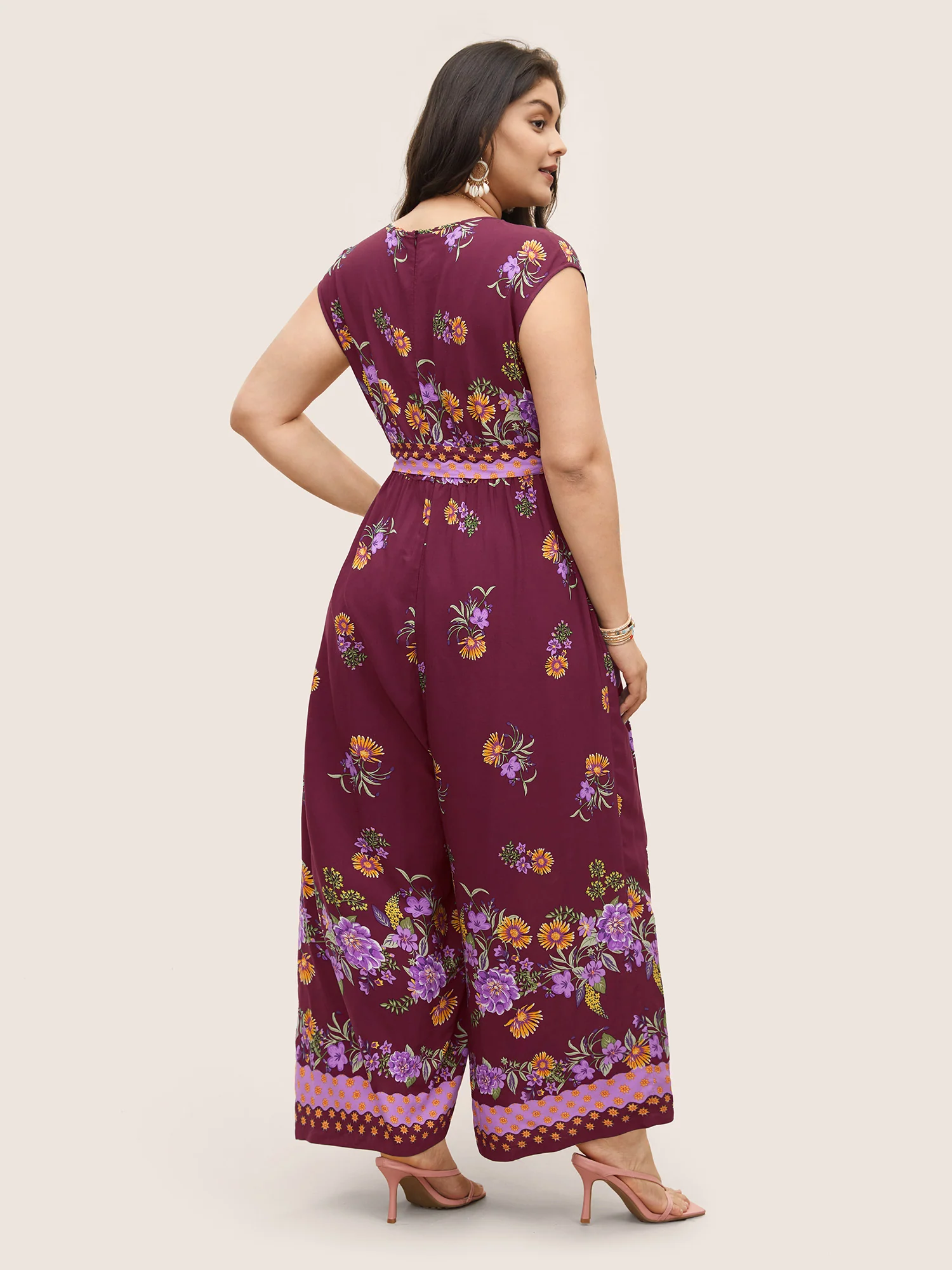 Boho Print Overlap Collar Belted Sleeveless Jumpsuit - Image 10