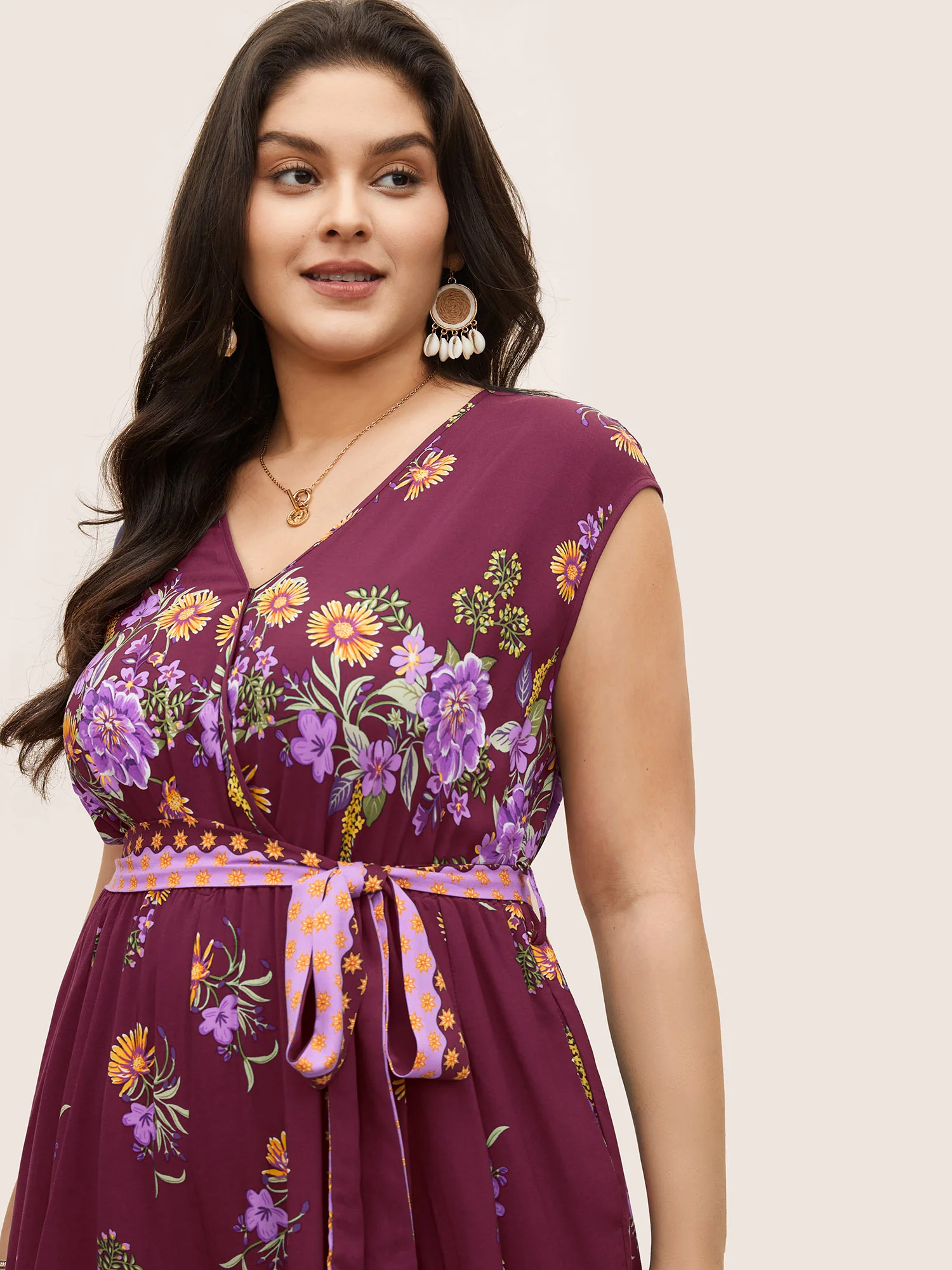 Boho Print Overlap Collar Belted Sleeveless Jumpsuit - Image 11