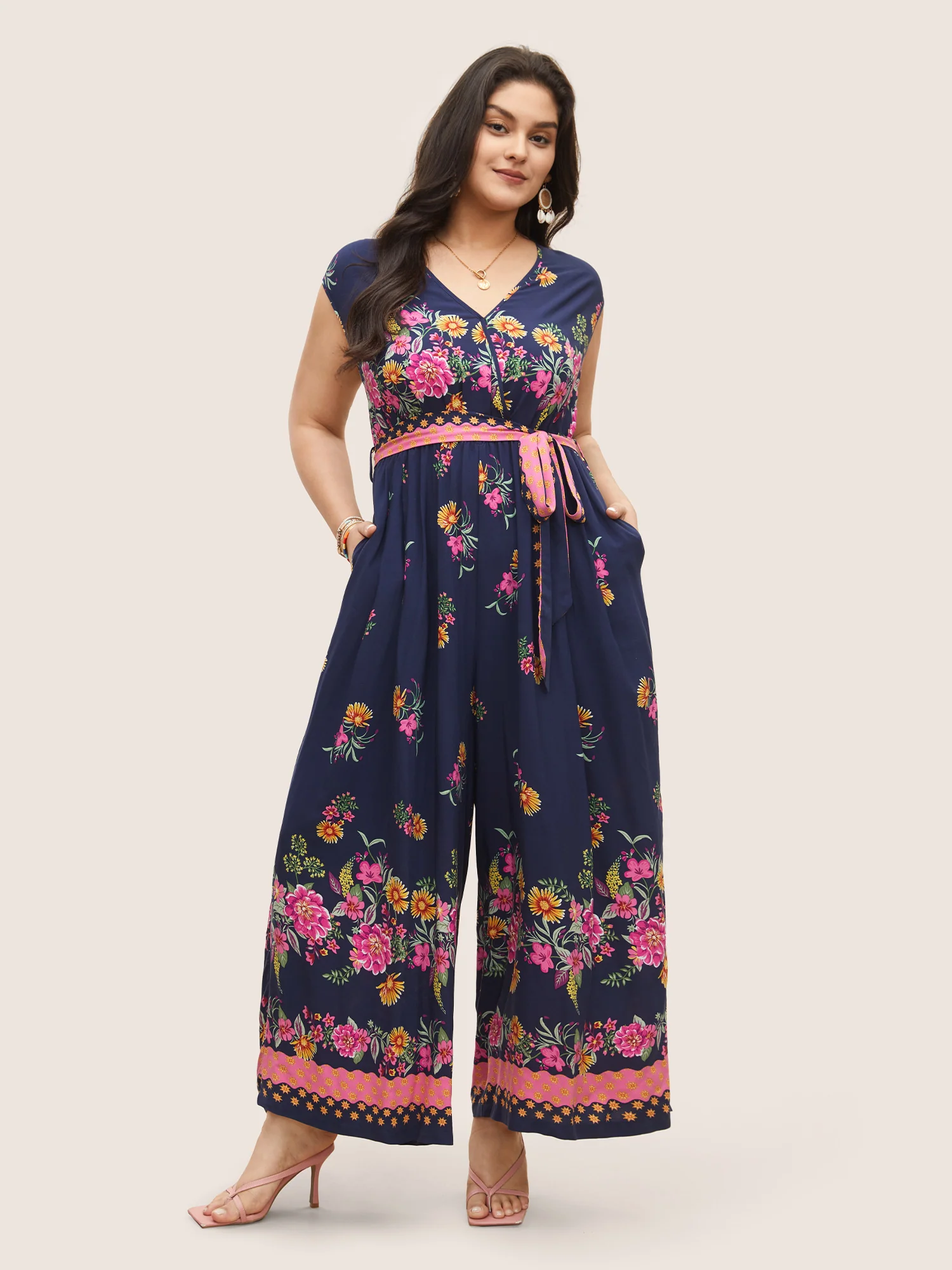 Boho Print Overlap Collar Belted Sleeveless Jumpsuit - Image 2