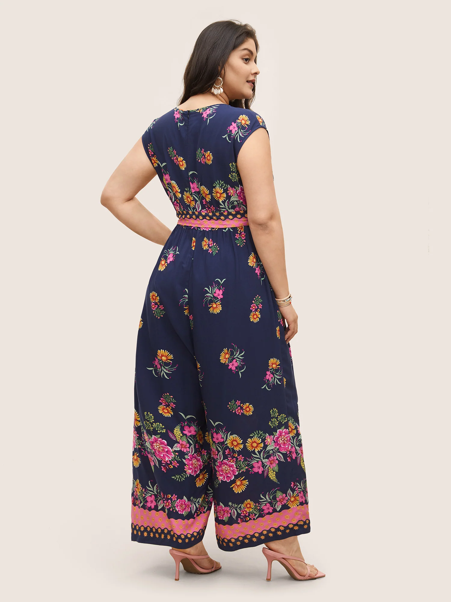 Boho Print Overlap Collar Belted Sleeveless Jumpsuit - Image 3
