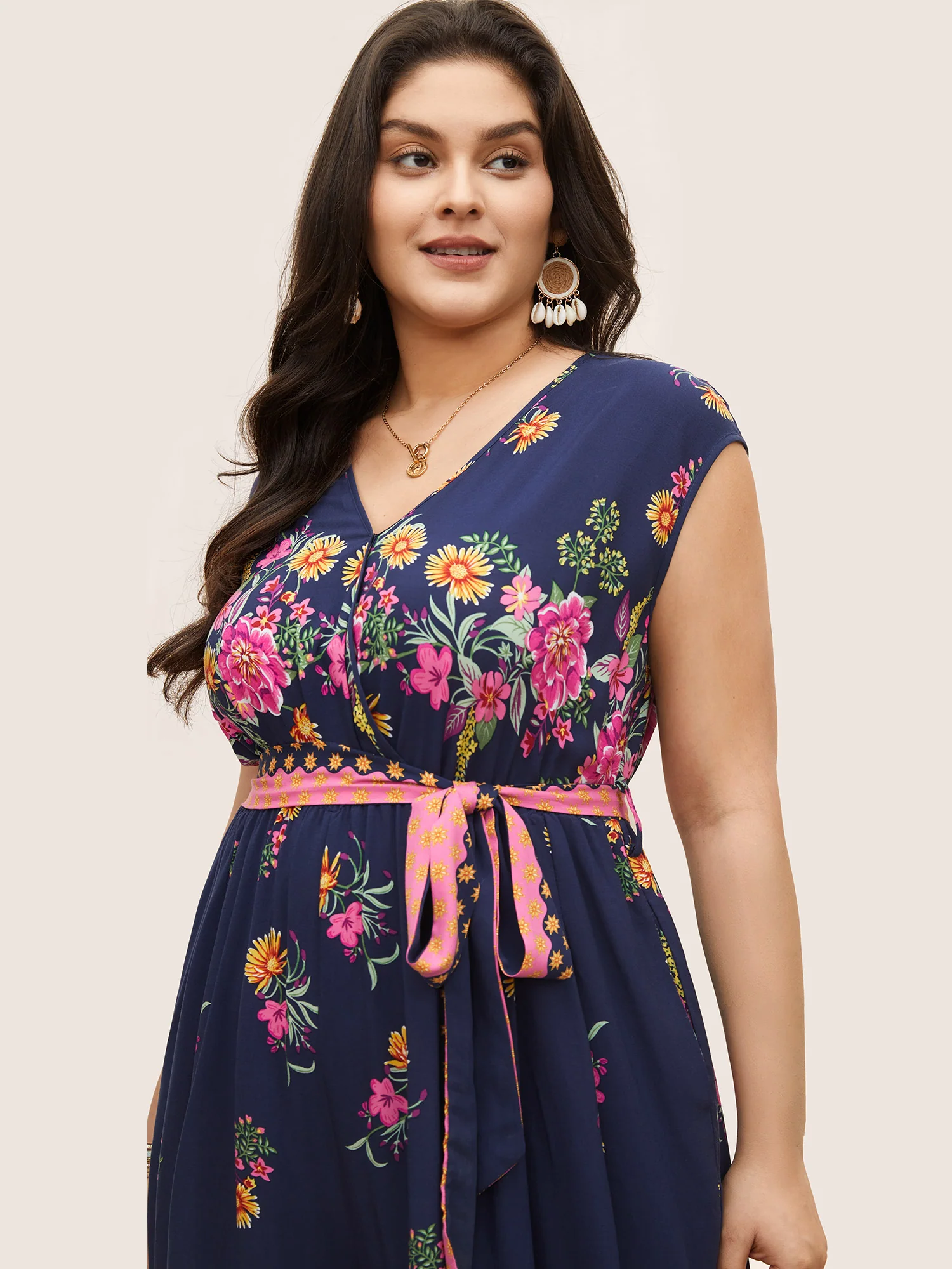 Boho Print Overlap Collar Belted Sleeveless Jumpsuit - Image 4