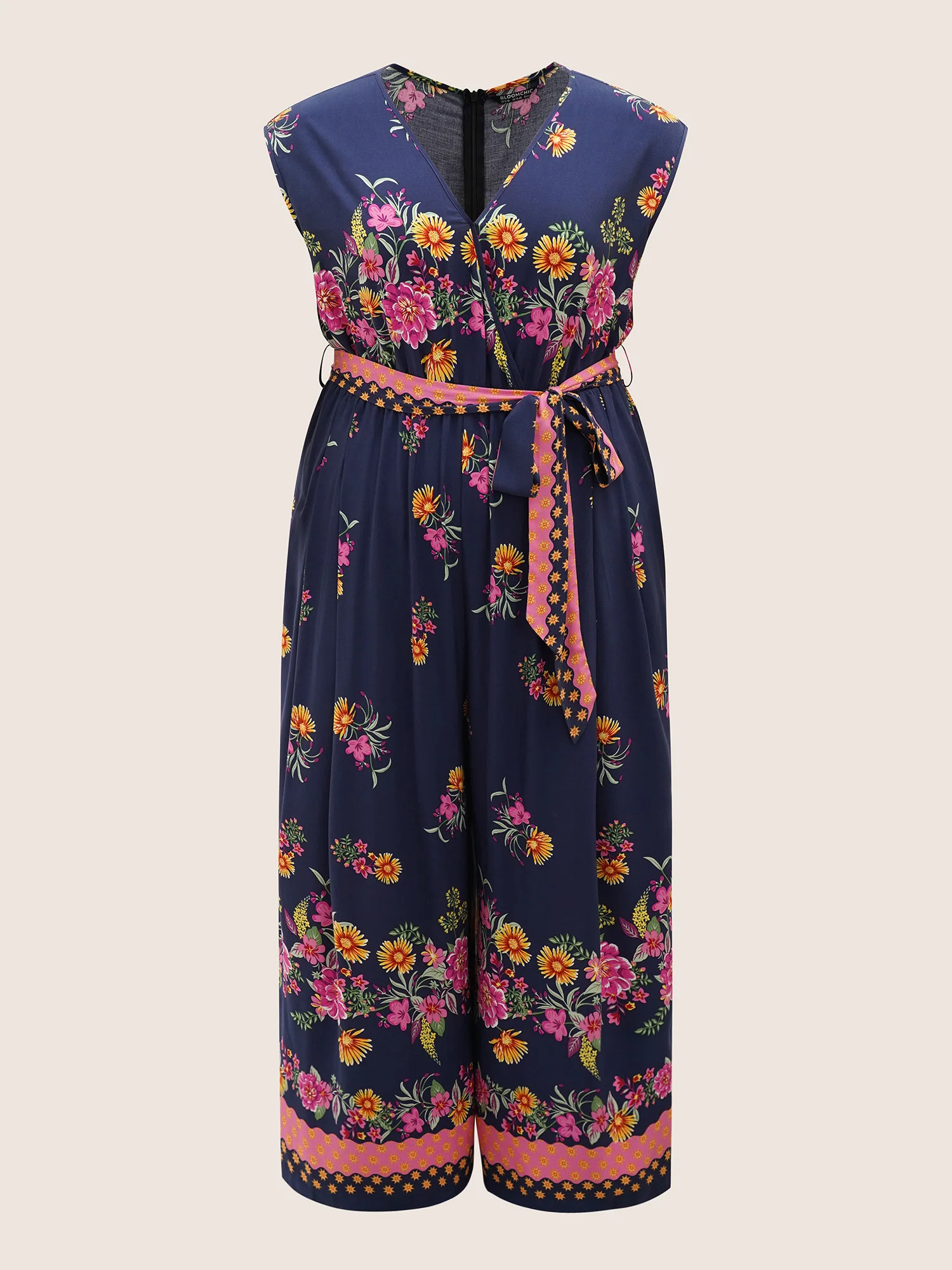 Boho Print Overlap Collar Belted Sleeveless Jumpsuit - Image 7